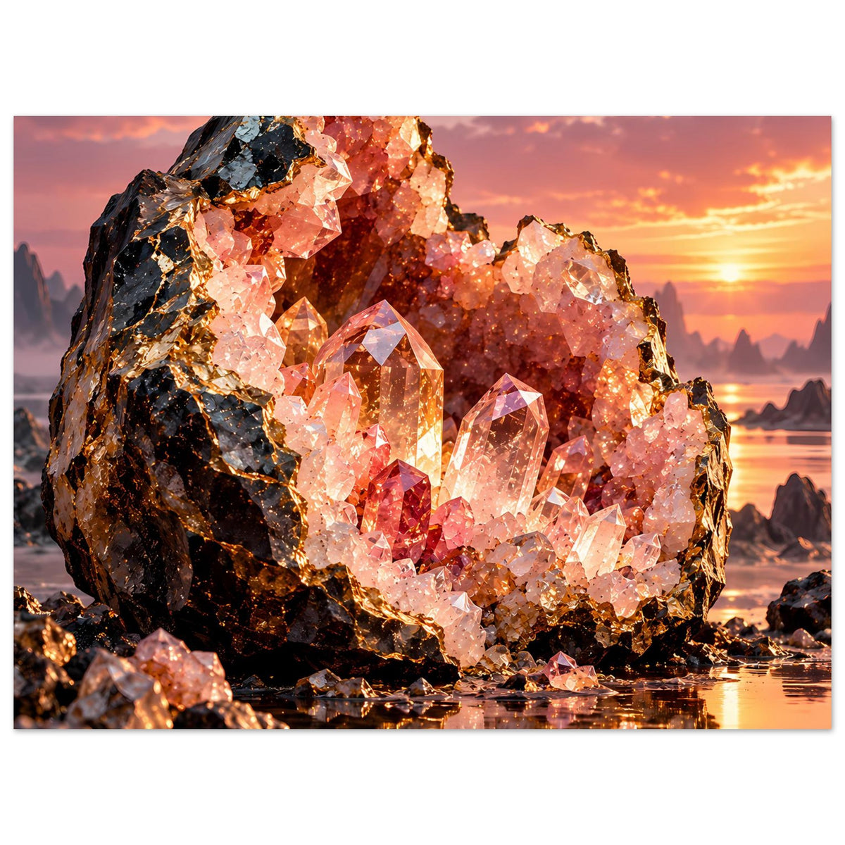 Poster mit leuchtender Geode aus rosa Kristallen, schwarzes Gestein, Querformat
