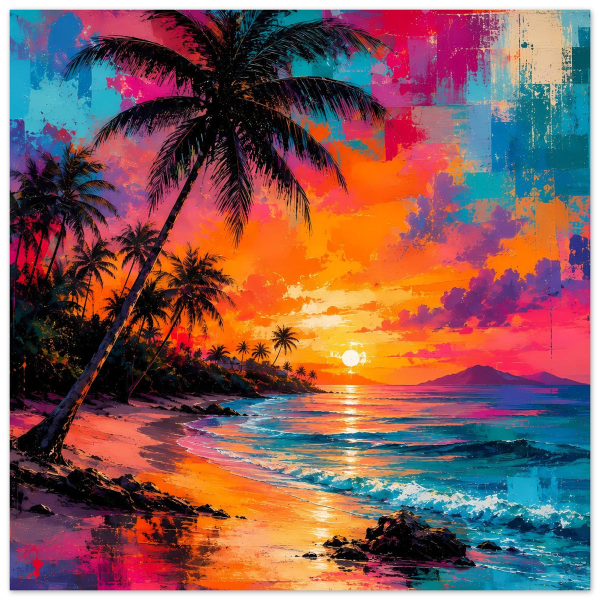 Neonfarbiges Poster mit Sandstrand, Palmen, leuchtendem Horizont und Meeresspiegelung