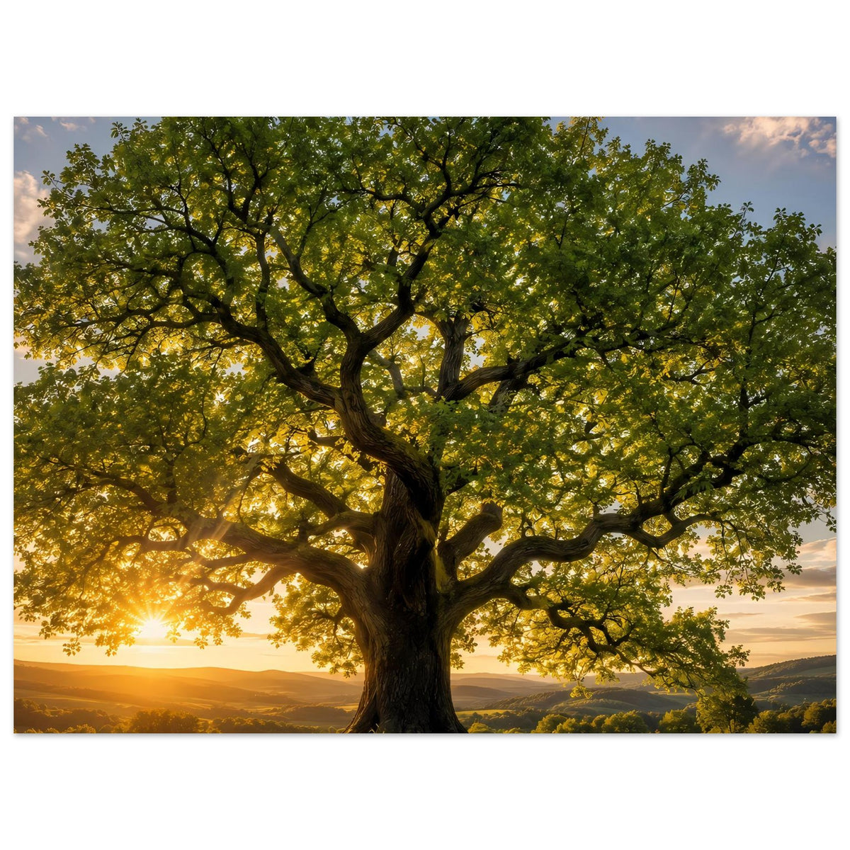Baum-Poster im Querformat: zentraler Baum mit weit verzweigter Krone, warmes Abendlicht