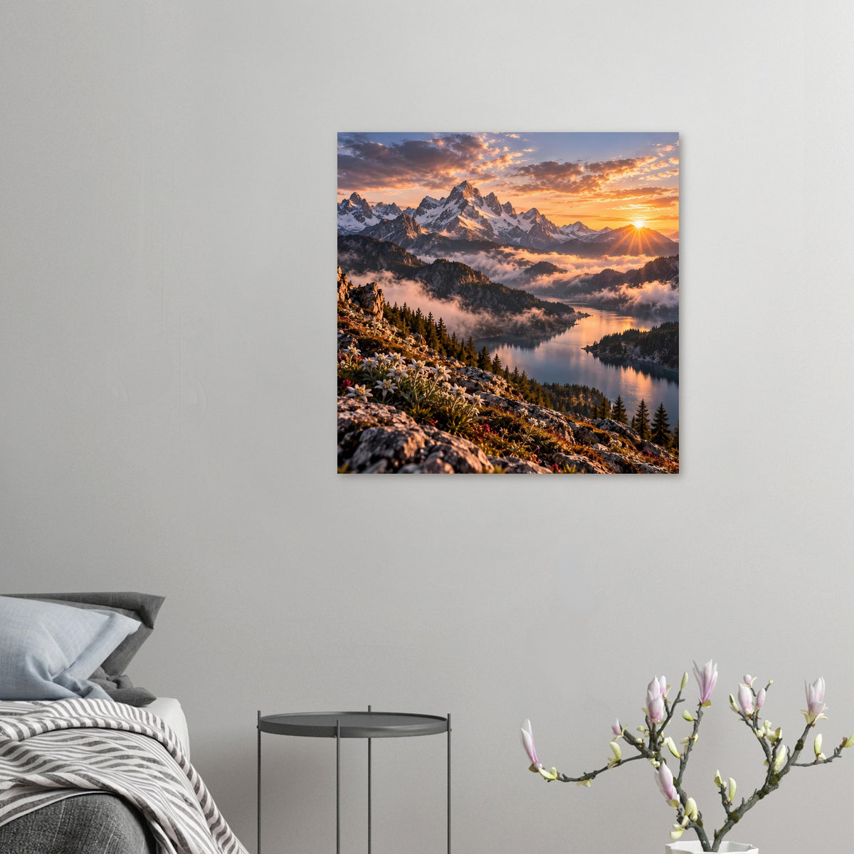 Kleines Bergsee-Poster: Alpenblick mit Sonnenaufgang über ruhigem See