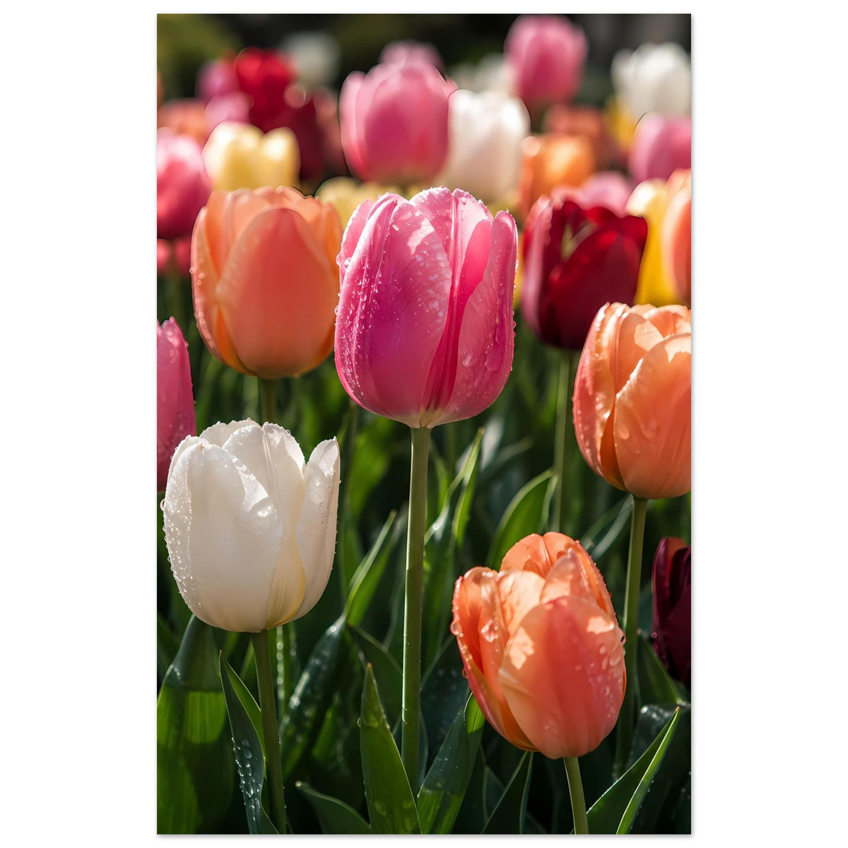 Tulpen-Poster im Hochformat: pinke und weiße Blüten mit Wassertropfen