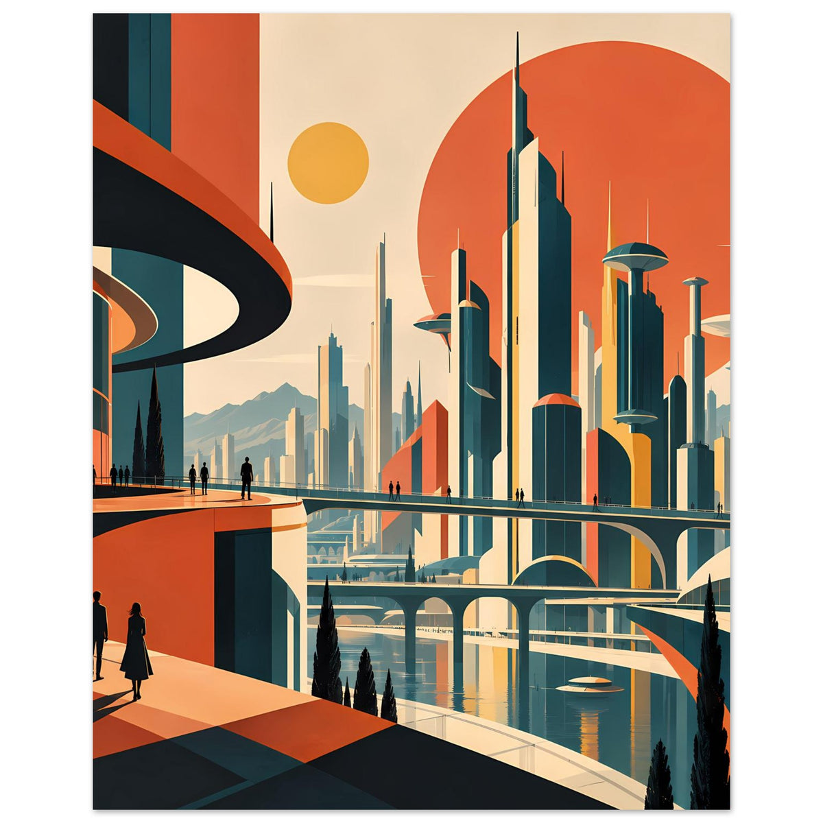 Wandposter: futuristischer Stadtraum mit hohen Türmen, Uferpromenade und gekrümmter Brücke
