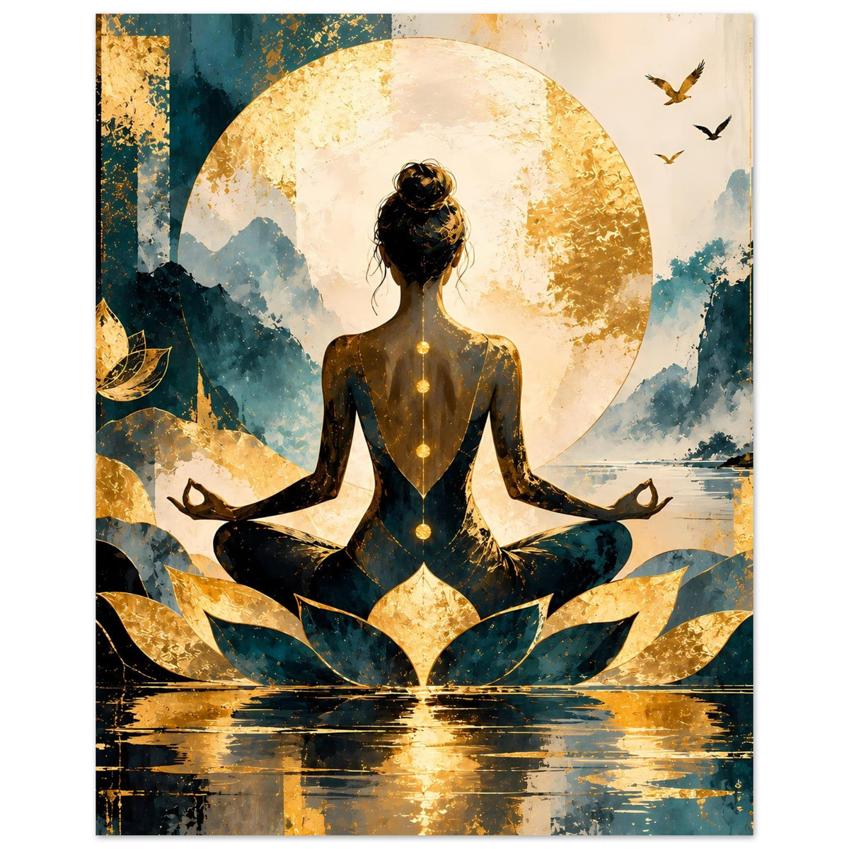 Meditatives Lotusposter mit betender Frau, goldenen Akzenten links und Vögeln rechts oben