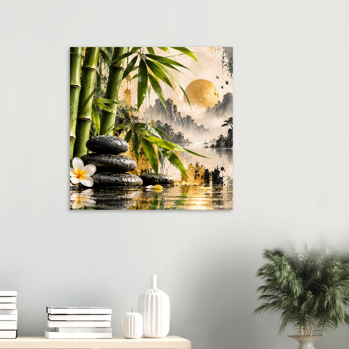 Zen-Bambus-Poster mit goldener Sonne, Bambus, Fluss und schwarzen Steinen am Ufer