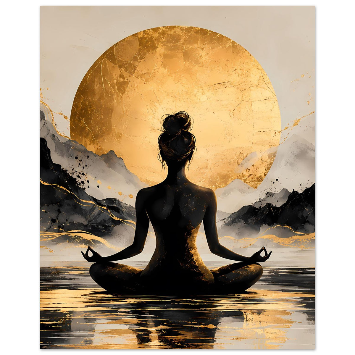 Poster mit Meditationssilhouette in Lotussitz, goldener Sonne und Felsbergen