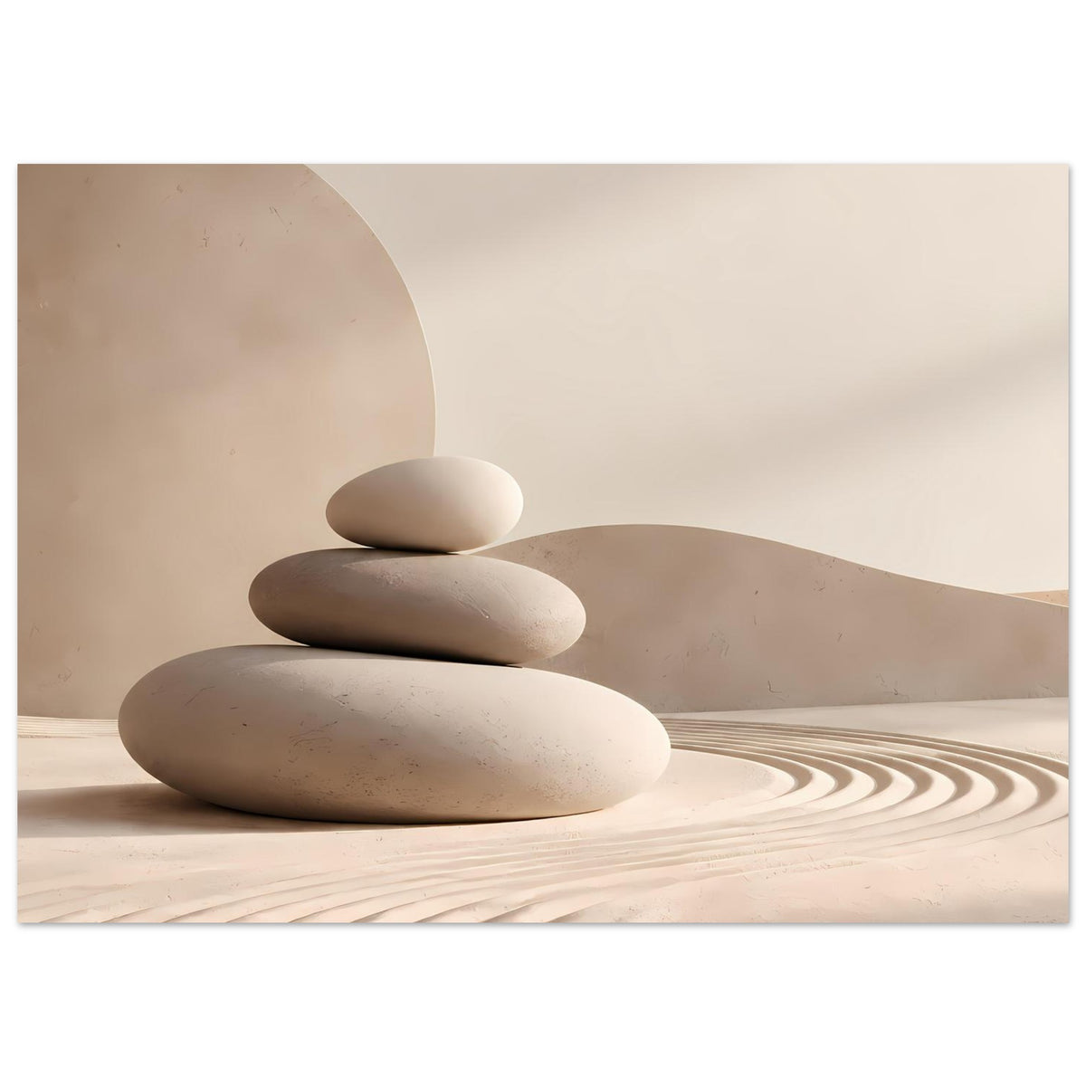 Horizontales Poster mit Zen-Steinen im Dreier-Stapel und welligen Sandrillen