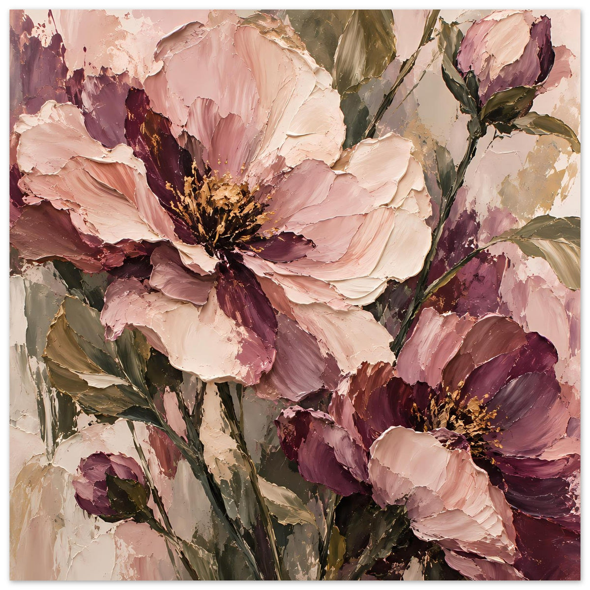 Florales Poster im Hochformat mit üppigen Blüten in Blassrosa und Mauve sowie dunkelgrünen Blättern.