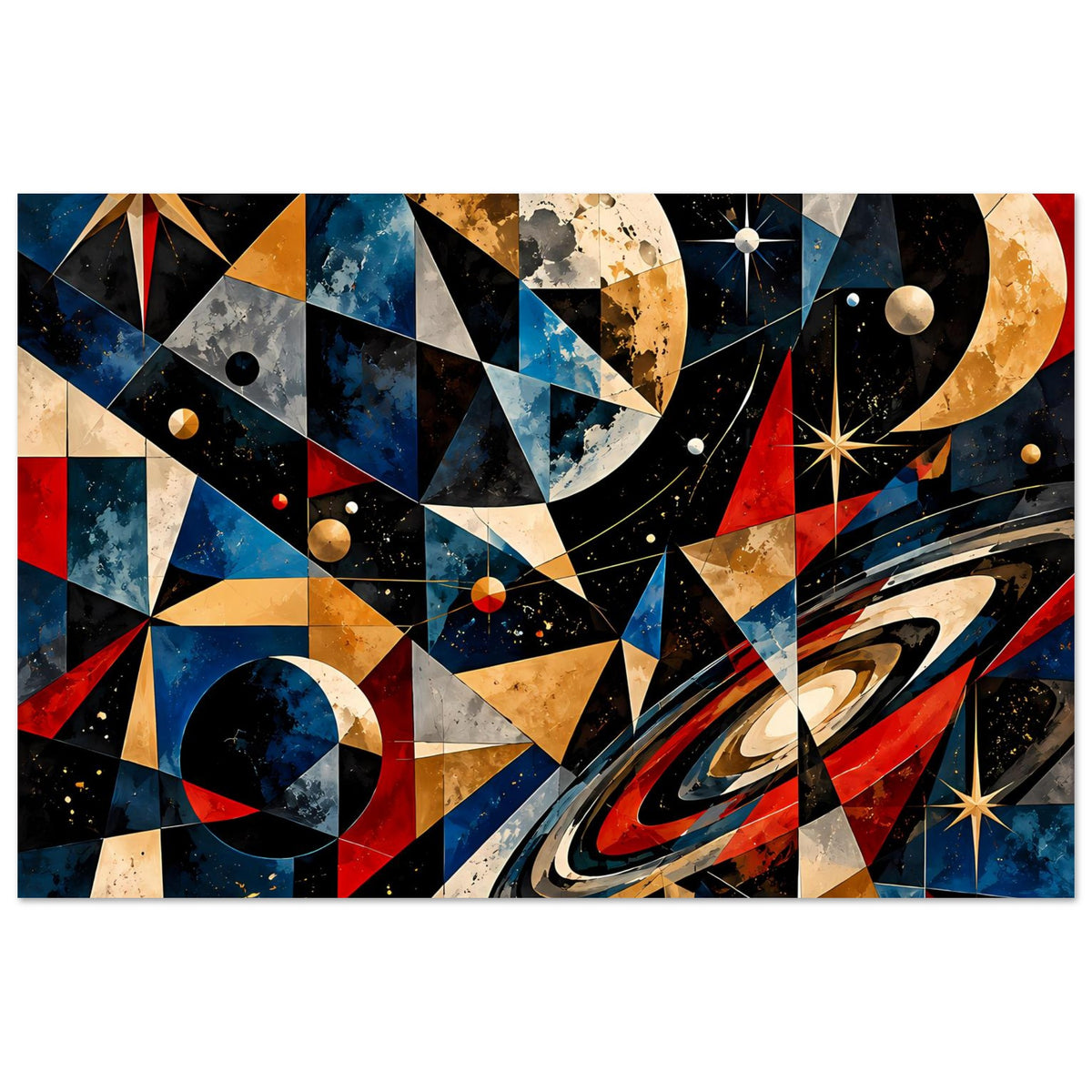 Horizontales Weltraum-Poster mit geometrischen Mustern, Planeten und Sternen in Blau, Rot und Gold