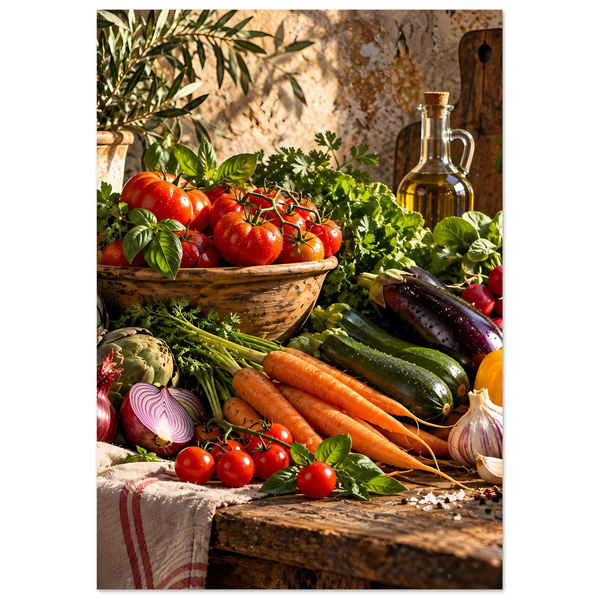 Küchenposter mit Gemüse und Kräutern: Tomaten, Karotten, Zucchini, Zwiebeln, Ölflasche