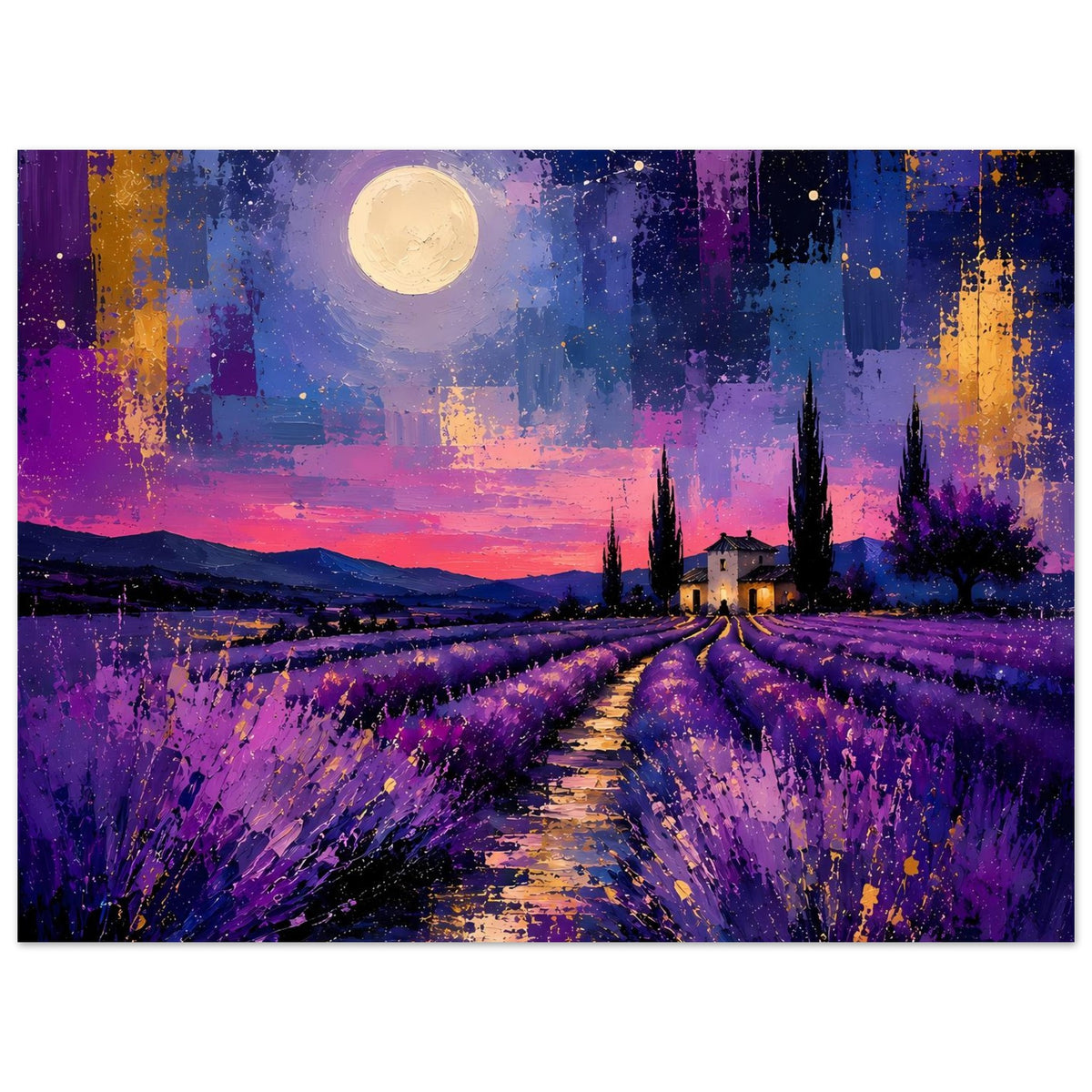 Poster im Großformat mit Lavendelfeld bei Nacht, gelber Vollmond und violette Blütenreihen