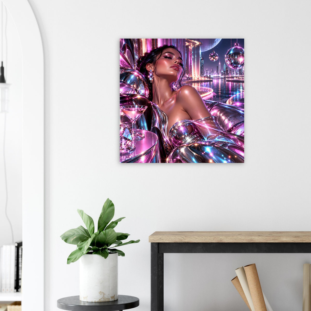 Neon-Futurismus-Poster: glamouröse Frau im glänzenden Metallic-Look mit Neonlichtern und Kugel-Objekten