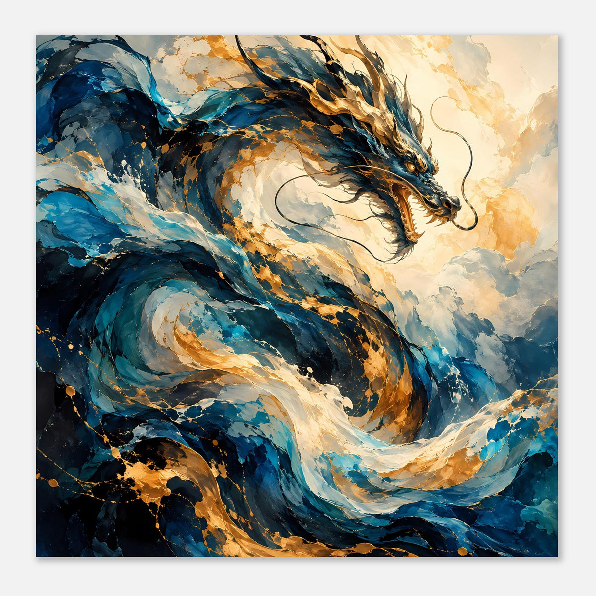 Fantasy-Poster: blau-goldener Drache, dynamische Wellenform und feine Spritzdetails