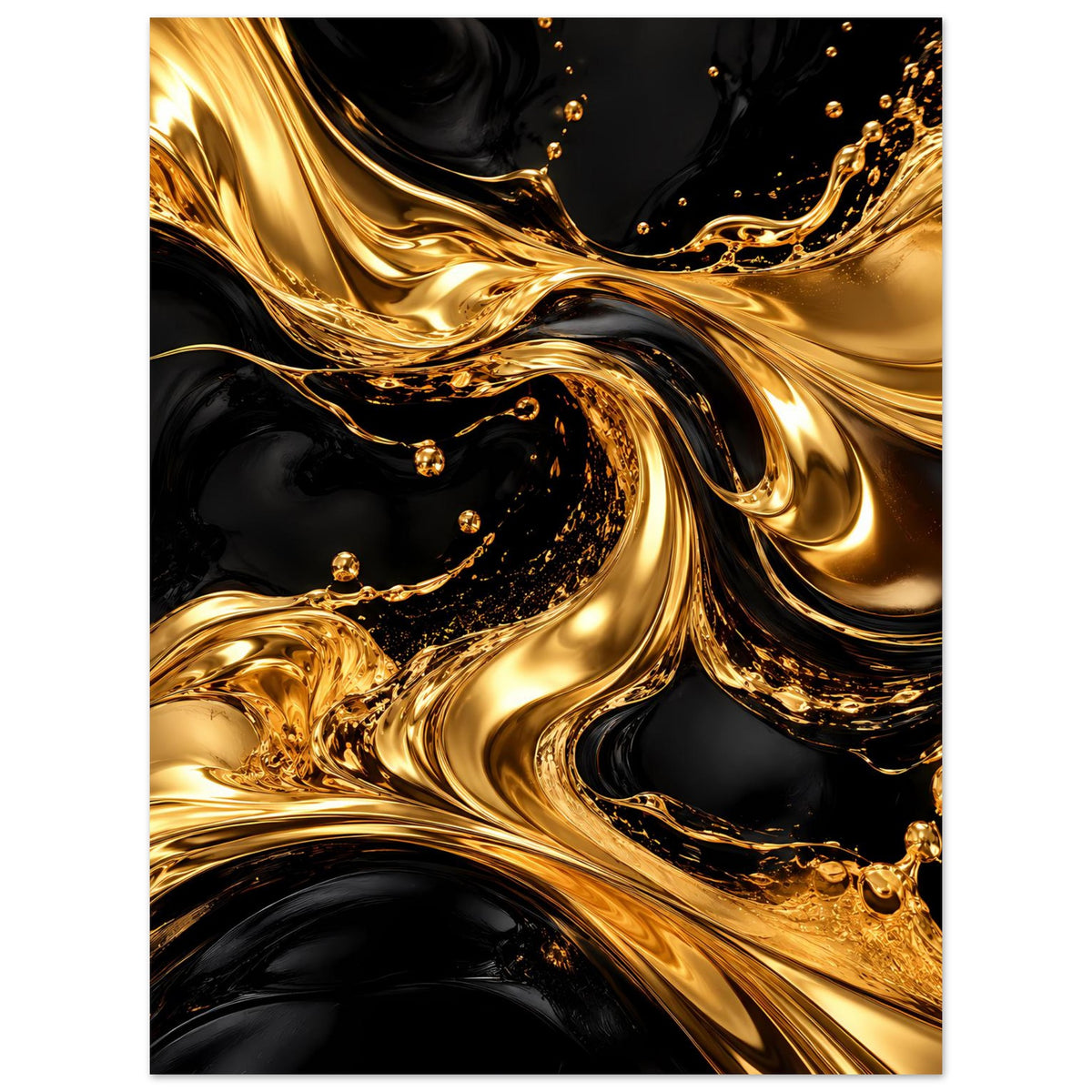 Abstraktes Luxusposter mit goldenen Wellen, funkelnden Partikeln und dunklen Farbflächen