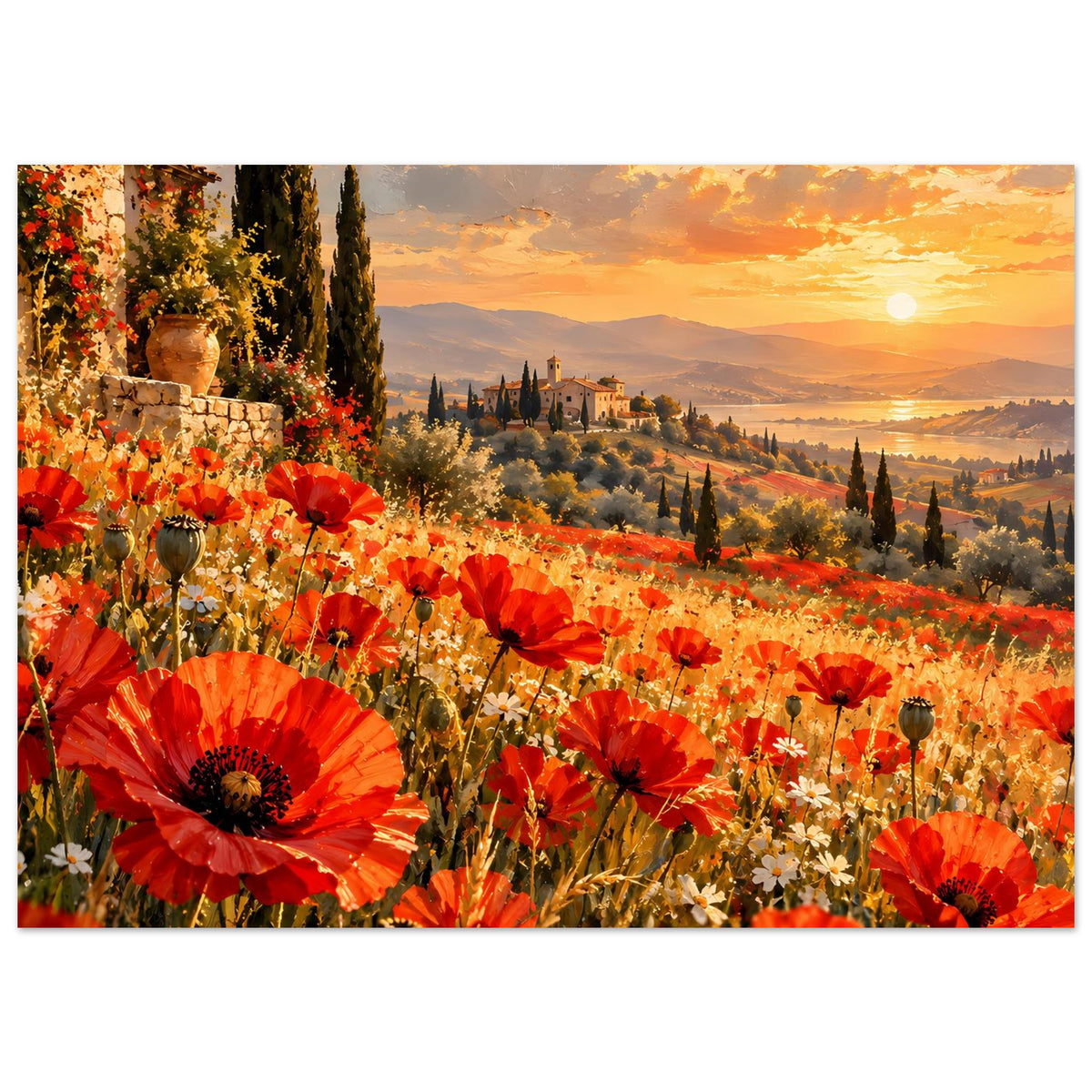 Horizontales Poster mit farbenprächtiger Mohnblumenwiese und untergehender Sonne