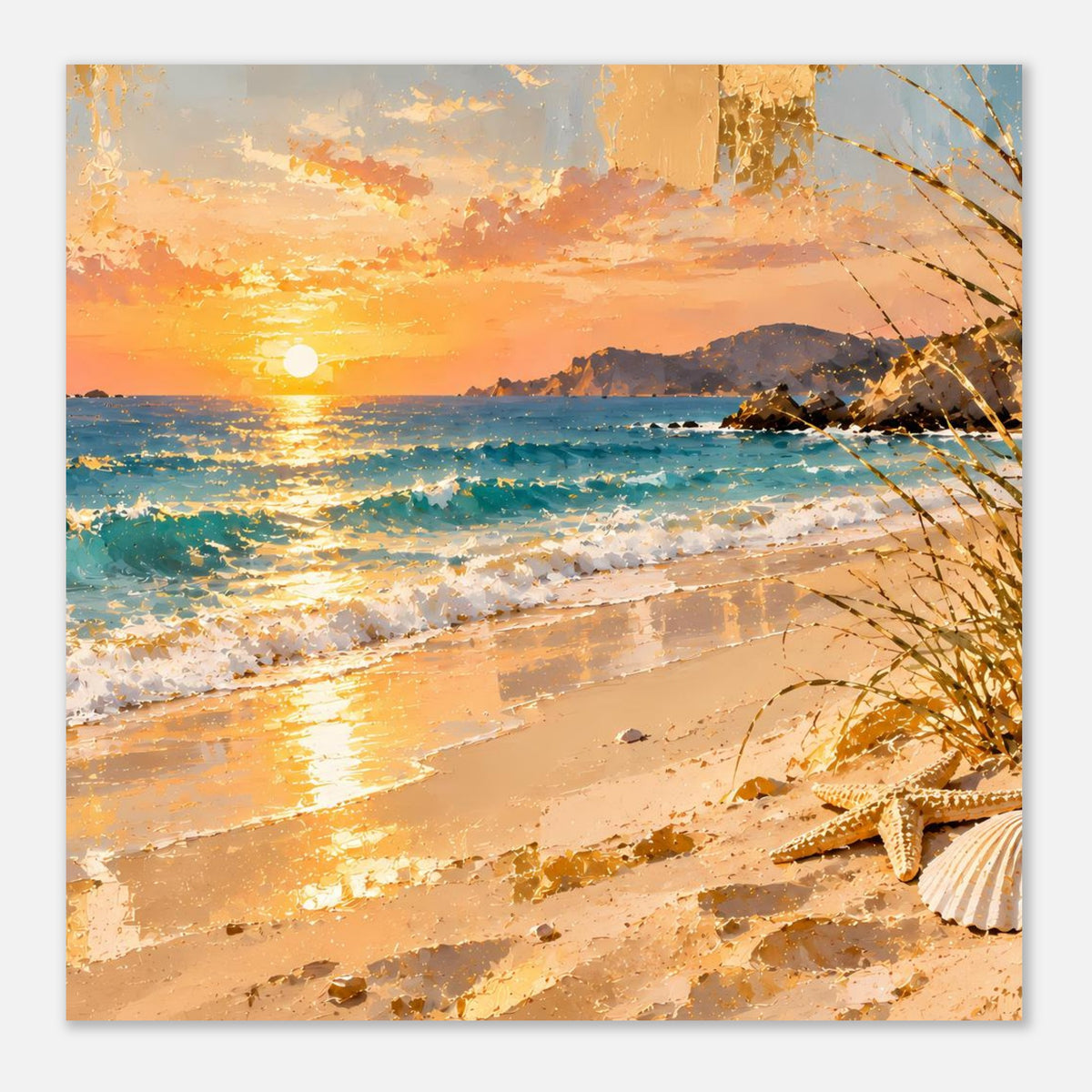 Quadratisches Poster mit Sonnenuntergang am Meer, Wellenlinie und sandiger Strand im Rahmen.