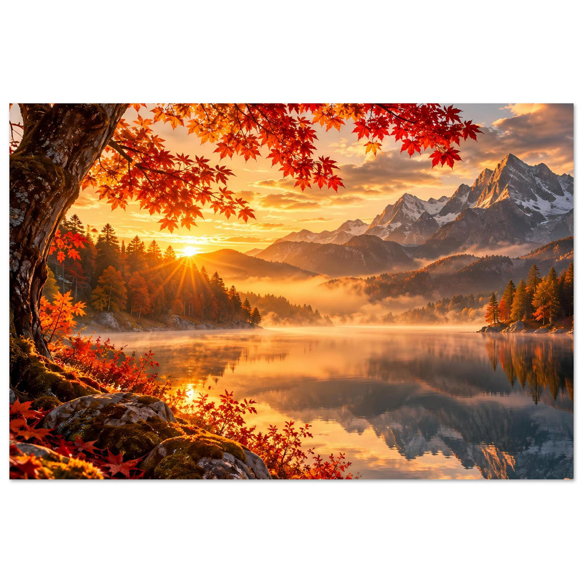 Poster Herbst-Sonnenaufgang mit orange-roten Laubzweigen, Felsen im Vordergrund und See.