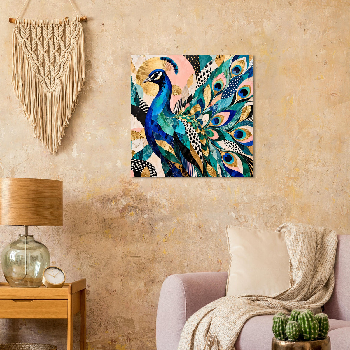 Quadratisches Kunstposter: Pfau mit türkisblauen Federn, goldenen Akzenten