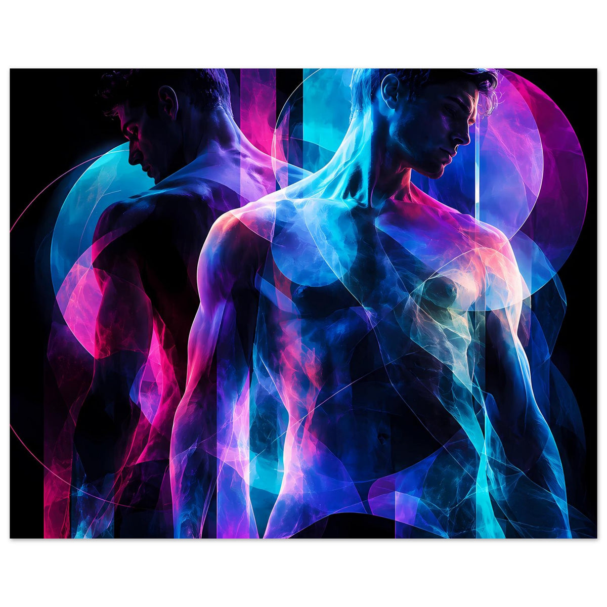 Neon-Kunstposter: zwei geisterhafte Figuren in Blau und Pink, dynamische Lichtstrukturen