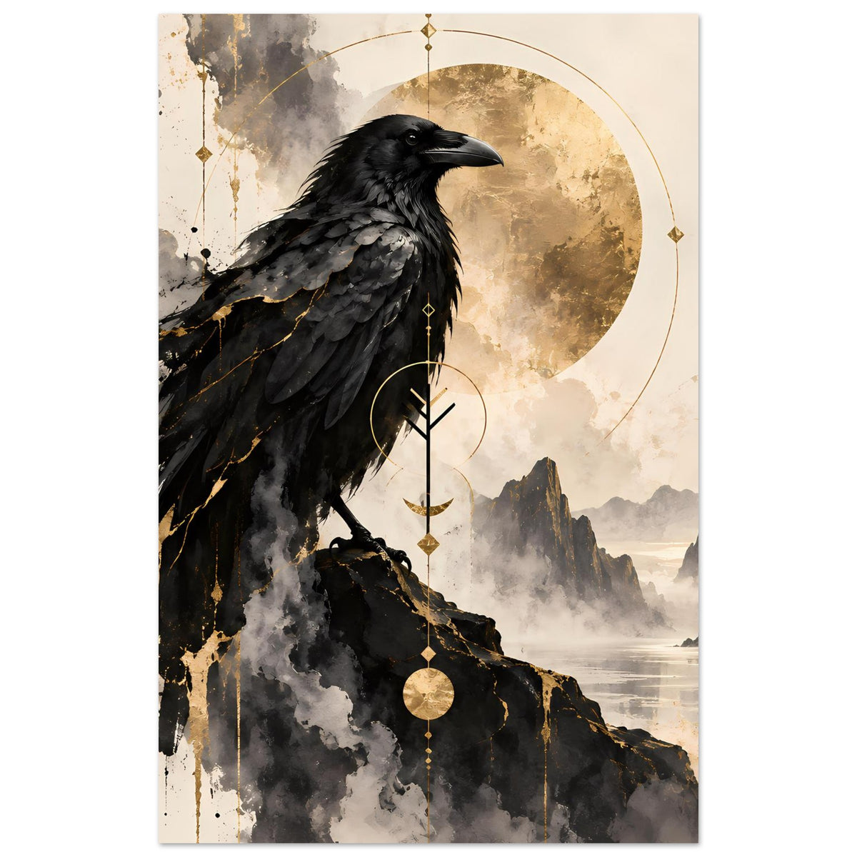Vogelkunst-Poster mit schwarzem Rabenmotiv, goldener Halbmondscheibe und Kettendetails