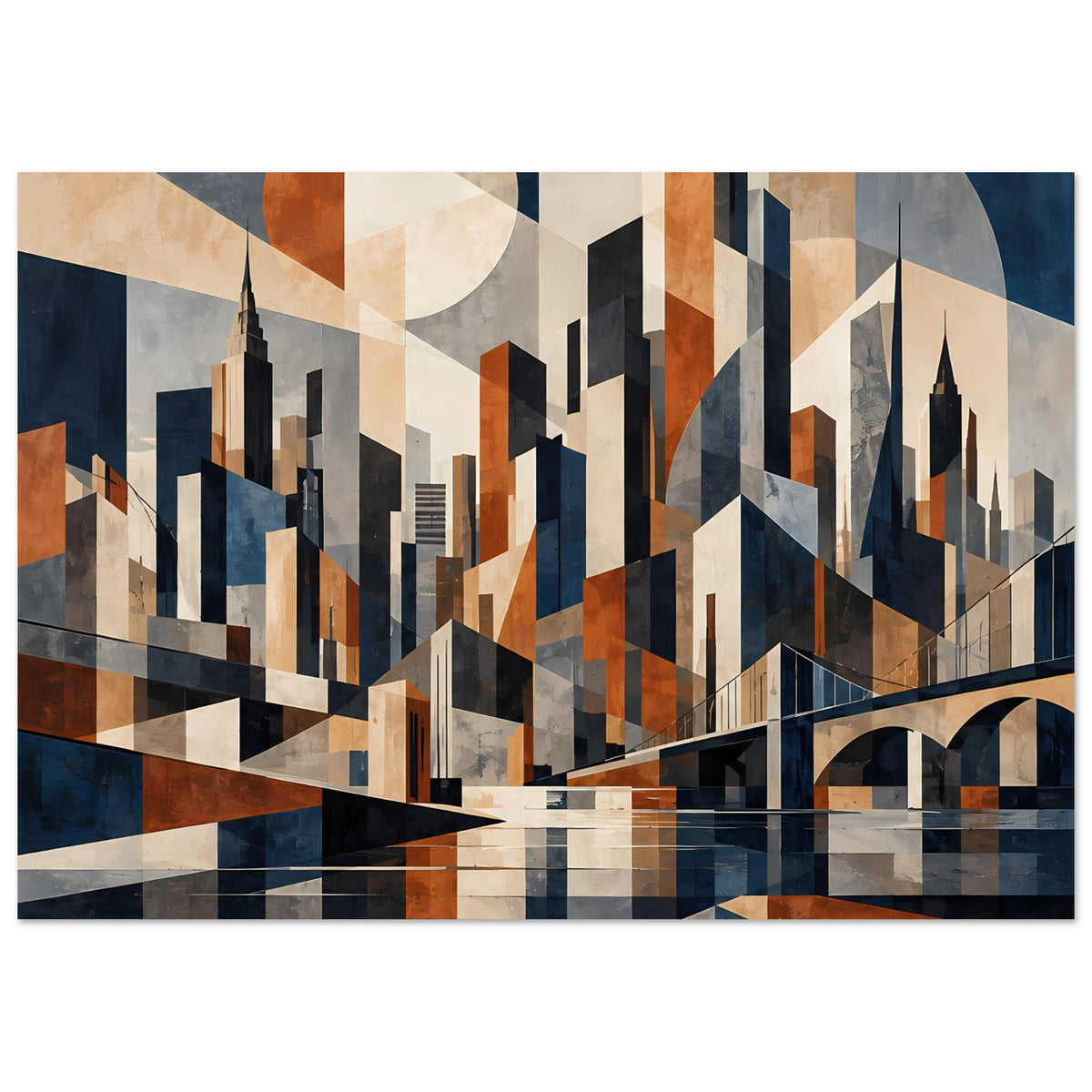 Poster mit geometrischer Skyline in Marineblau und Rostrot, klarer Stadtgrundriss