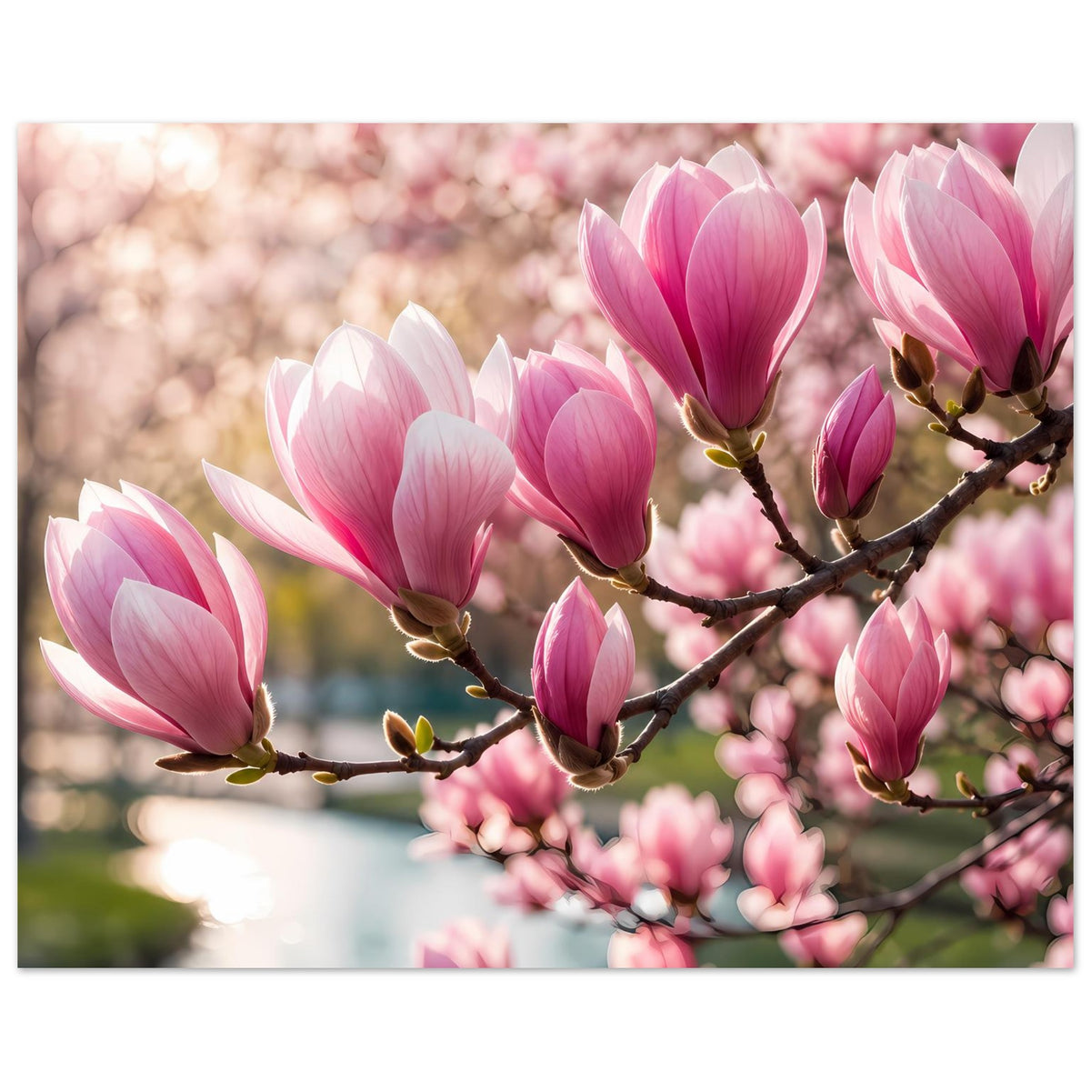 Blumenposter mit Magnolienblüten am Zweig in Pink und Weiß, leicht versetzt