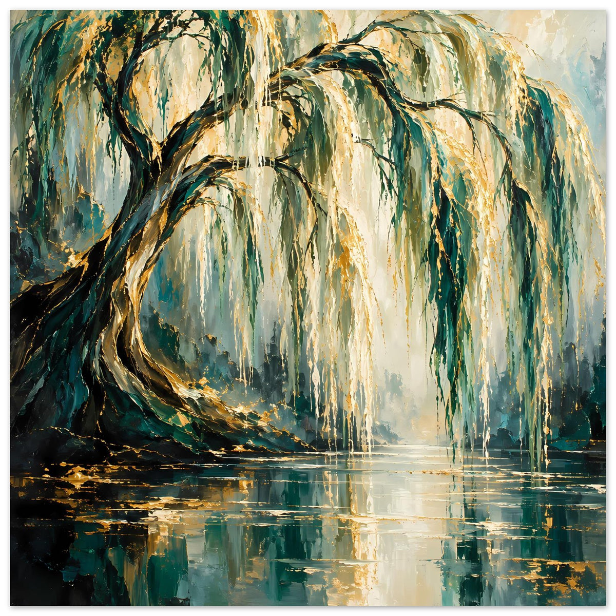 Poster mit Weidenbaum-Motiv über spiegelndem Wasser, grünliche und goldene Akzente.