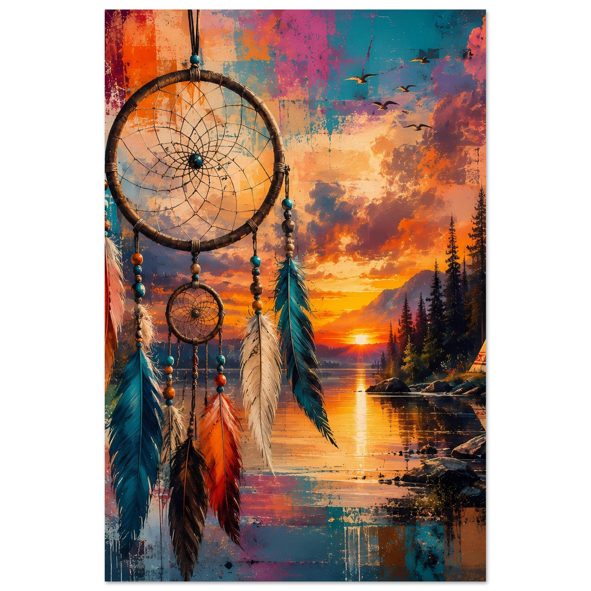 Boho-Poster mit Traumfänger und bunten Federn, Sonnenuntergang über Wald am See