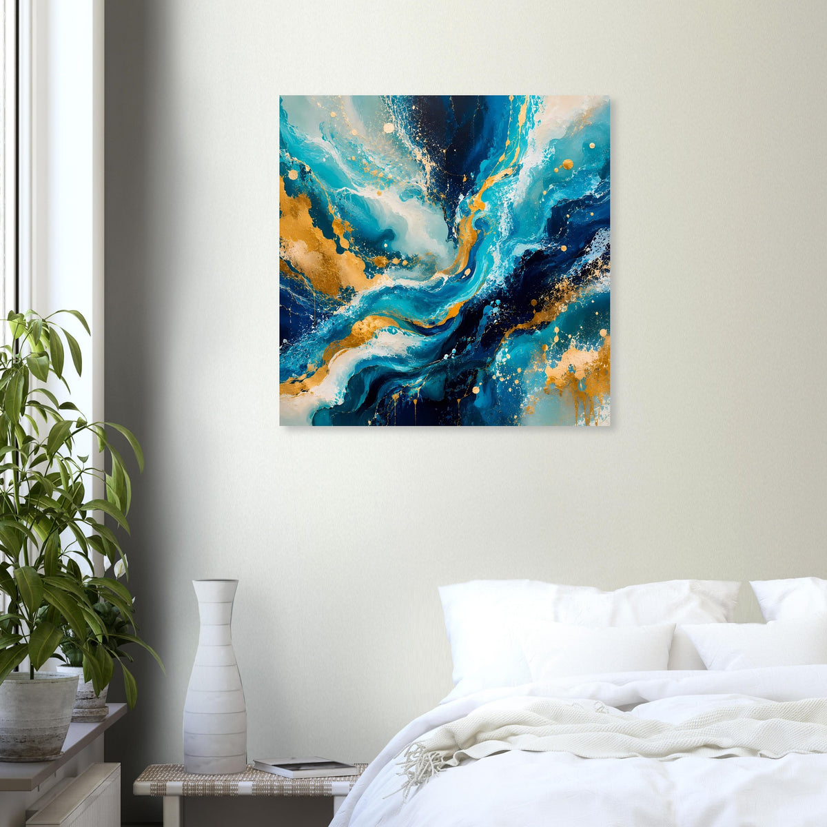 Quadratisches Kunstposter mit abstrakter Blau‑Gold‑Flüssigkeitstextur und dunklen Akzenten
