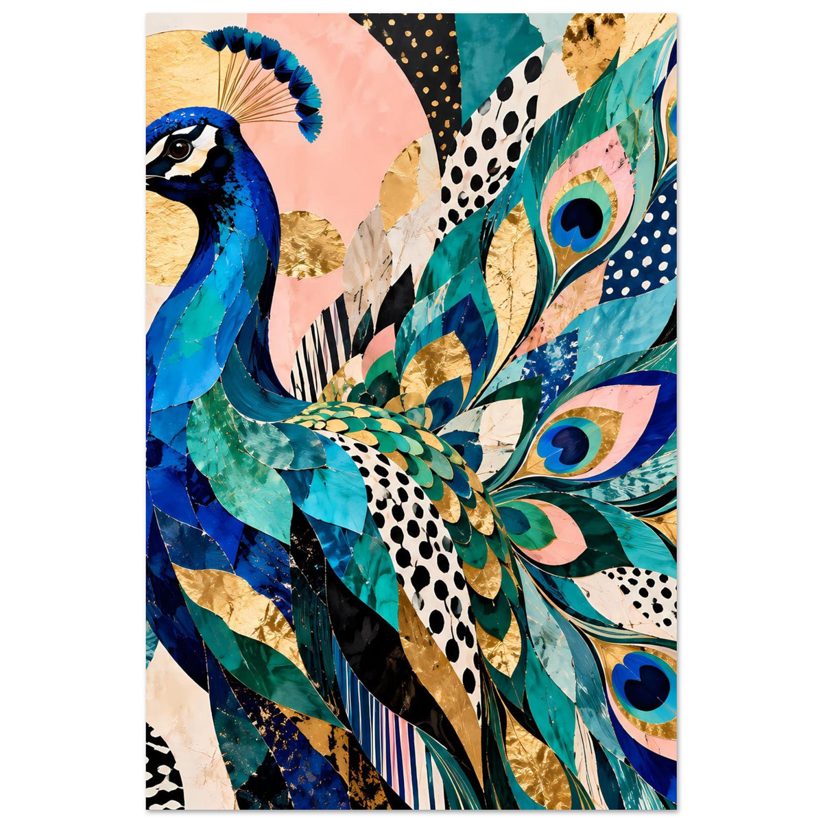 Kunstposter im Hochformat mit Pfau und Pfauenfedern in Blau, Türkis und Gold