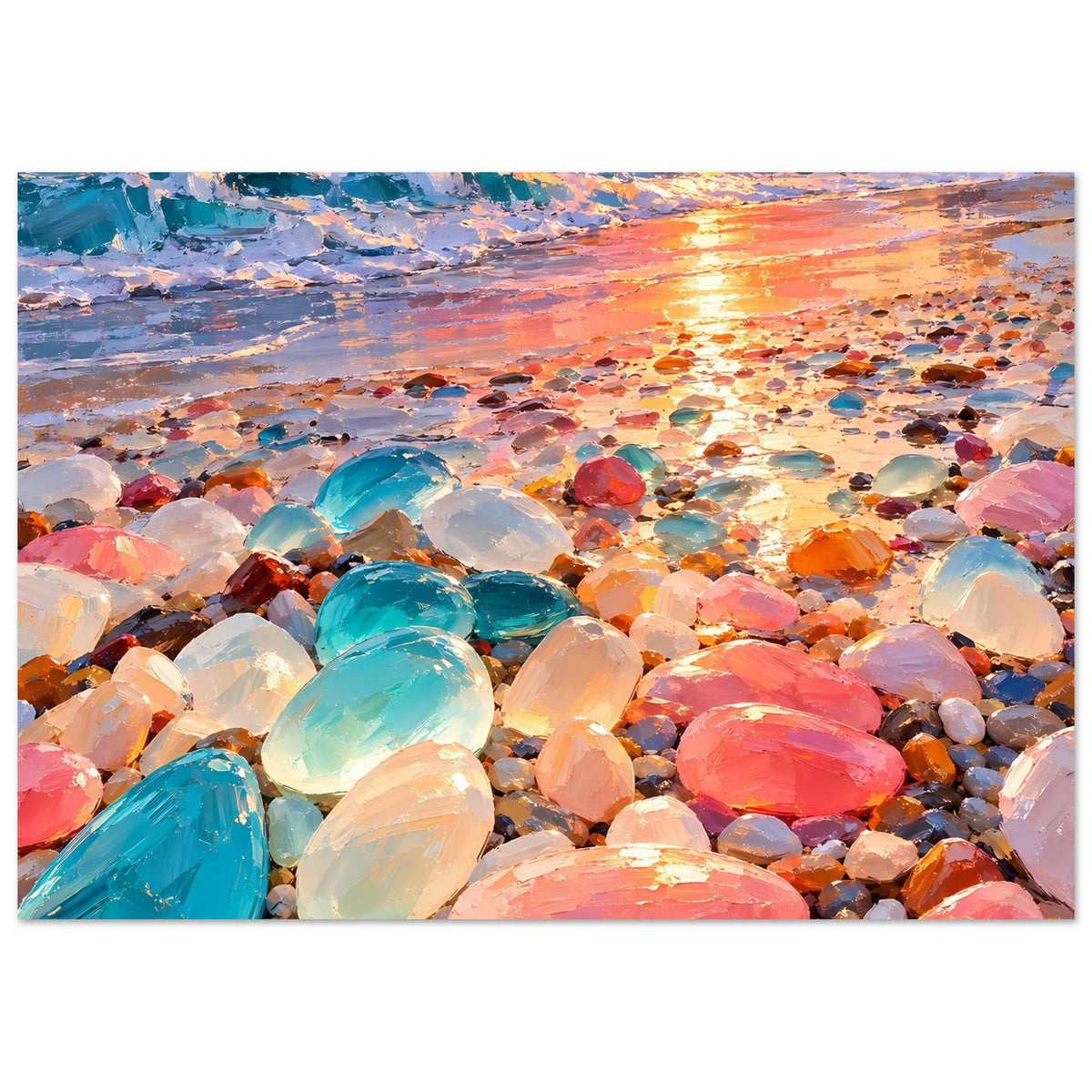 Wandposter mit Strandpanorama bei Sonnenuntergang und vielen farbigen Steinen