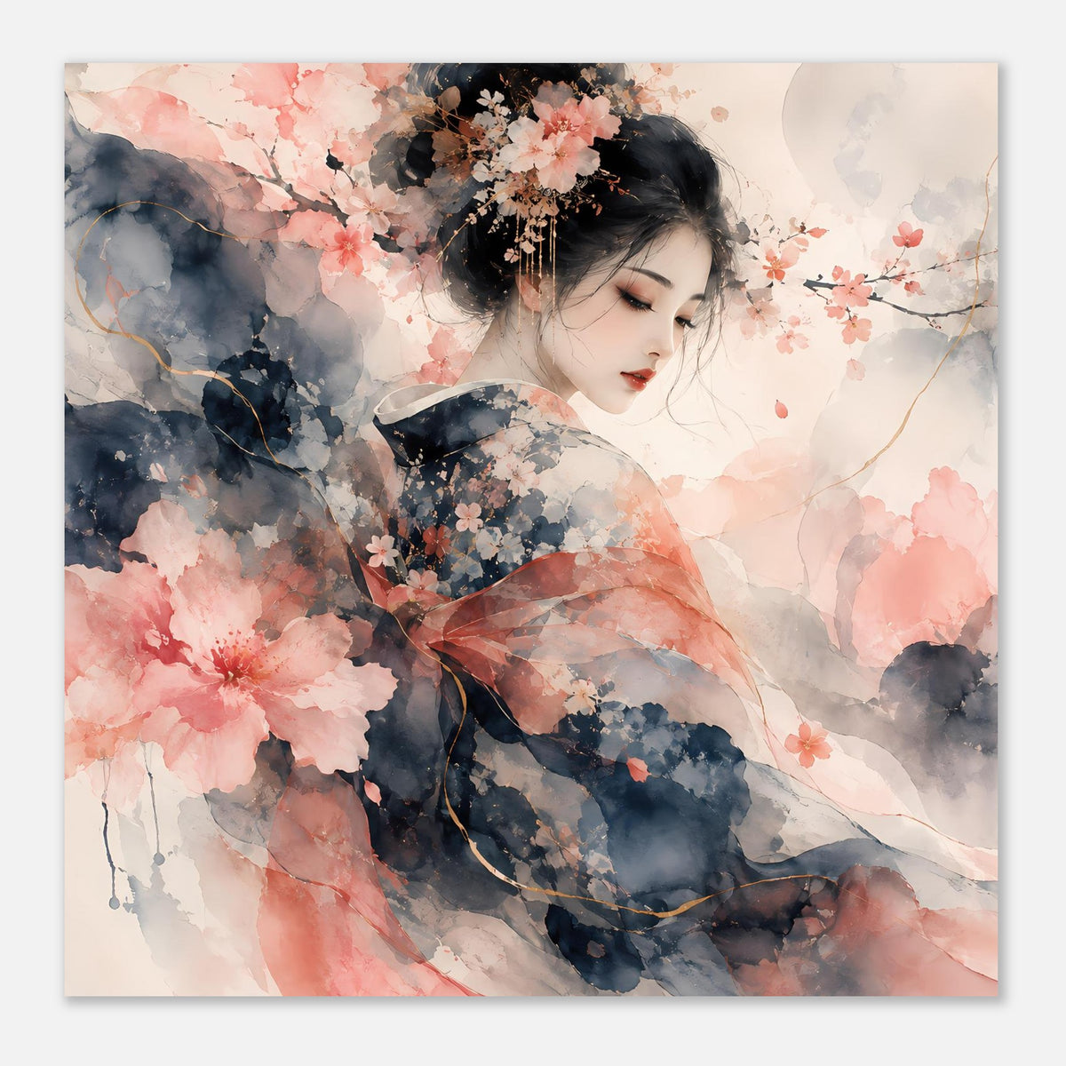 Poster mit Aquarellillustration, fokussiert auf Gesicht und Kirschblüten in Rosa und Blau
