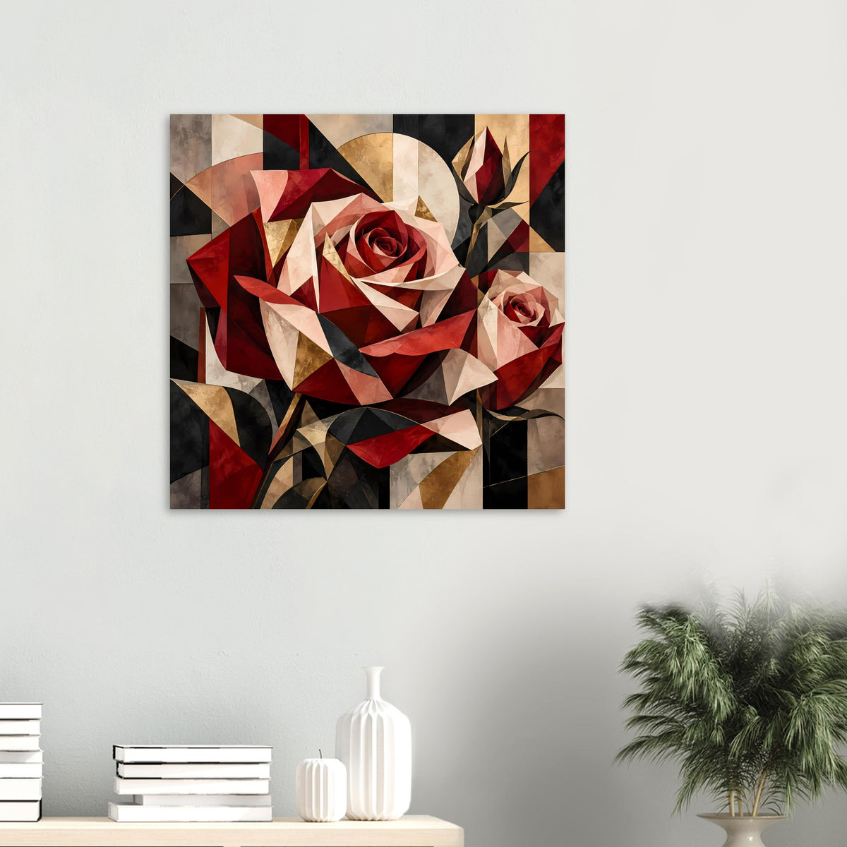 Blumenposter mit geometrischer Rose in Rot, Gold und Beige, kompakt wirkender Druck