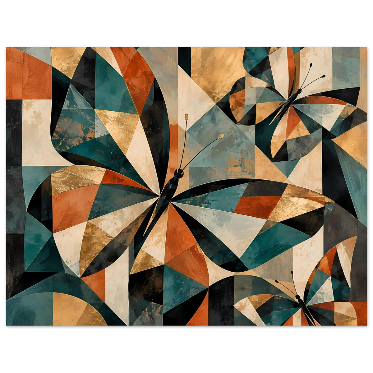 Kunstposter mit geometrischen Schmetterlingen in warmen Erdtönen, teils schwarze Akzente