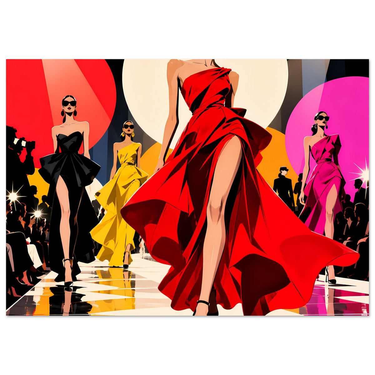 Pop-Art-Poster im Querformat: Frau im roten Kleid mit wehender Schleppe, Laufsteg und Silhouetten