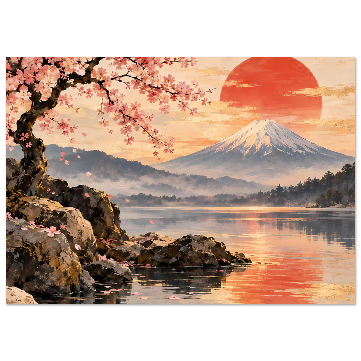 Wandposter im Querformat mit Kirschblüten, Felsen am Ufer, Mount-Fuji und roter Sonne