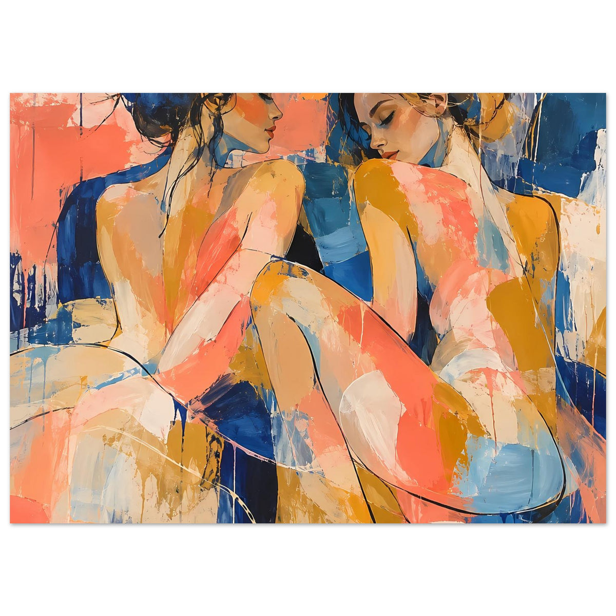 Abstraktes Kunstposter mit zwei Frauenfiguren, Pinsel-Optik in Blau und Koralle, Querformat