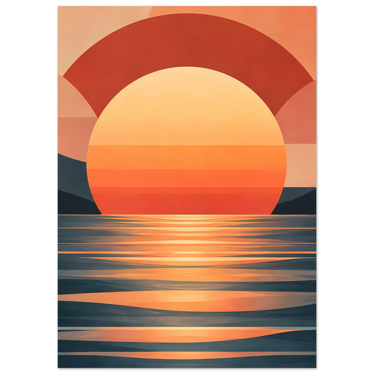 Wandposter mit abstraktem Meerblick: Halbkreis-Sonne in Gelb-Orange, horizontale Linien im Wasser