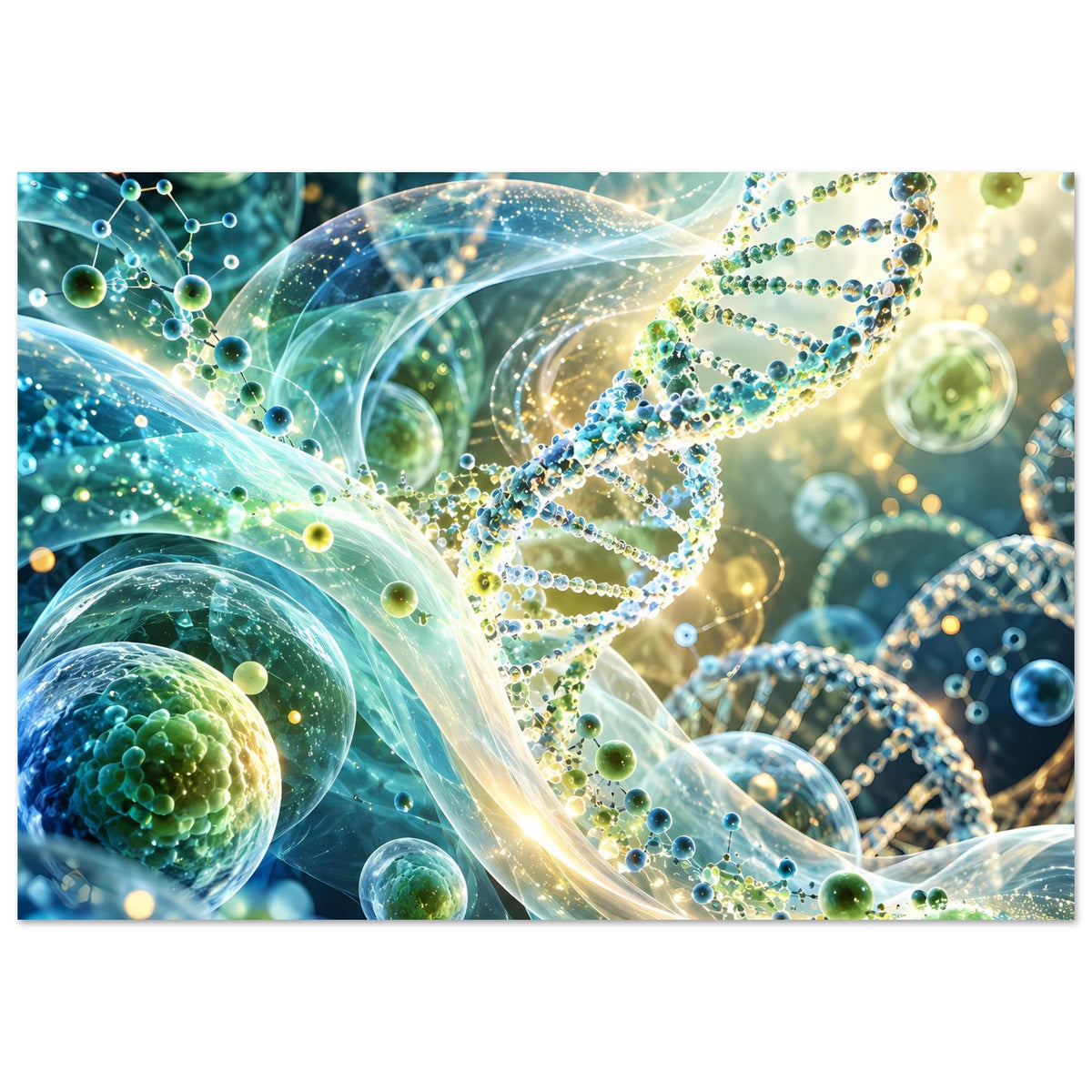 Biotechnologie-Poster mit DNA-Doppelhelix-Optik, durchscheinenden Schleifen und schillernden Partikeln