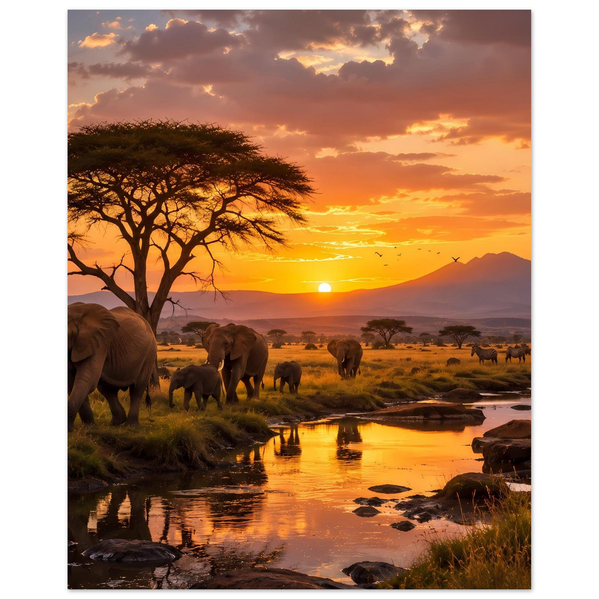 Elefanten-Poster: Blick auf Elefantenherde und Fluss, Akazie links, Sonne im Sonnenuntergang