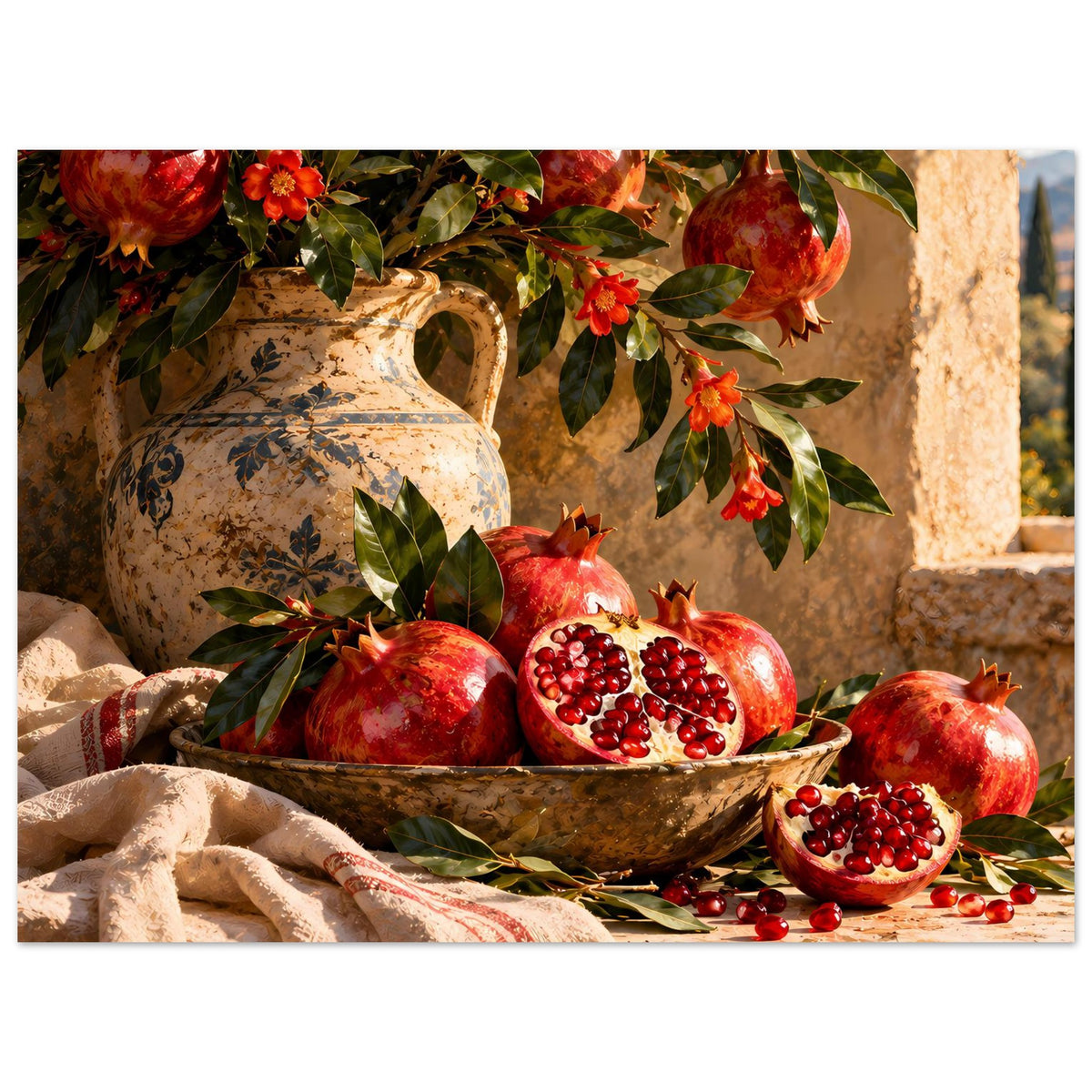 Poster mit Stillleben: Granatäpfel in Schale und Vase, rote Blüten, Stofftuch, Mattpapier