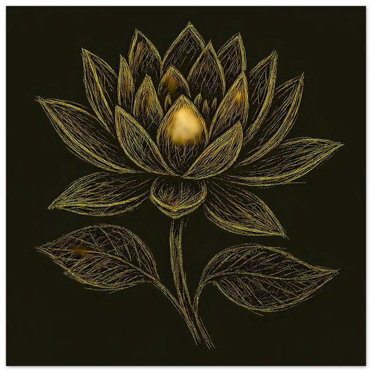 Poster mit goldener Lotusblüte und Blättern, zentriertes Motiv auf dunklem Hintergrund
