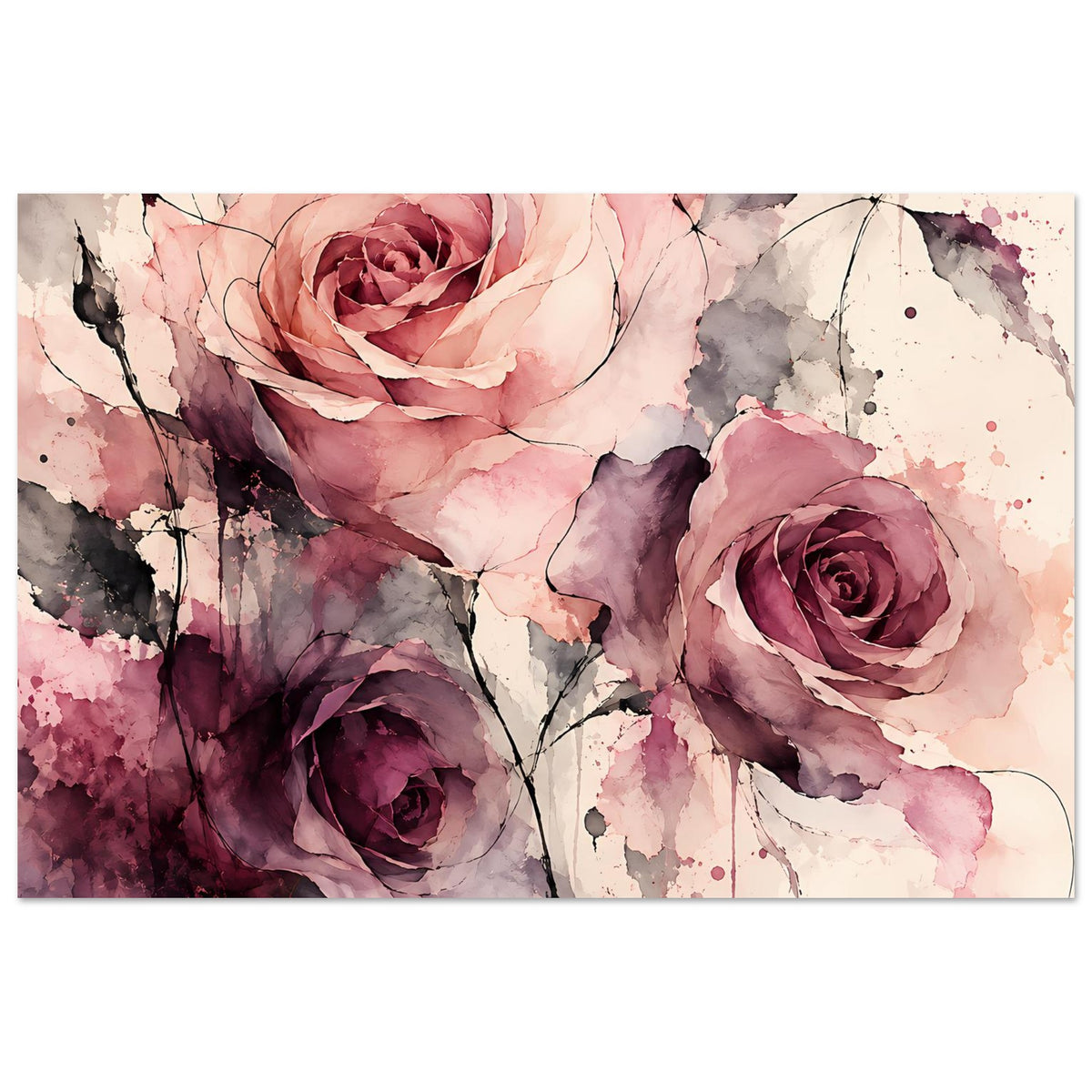 Querformat-Rosenposter in Aquarell, rosa und burgunderfarbene Blüten