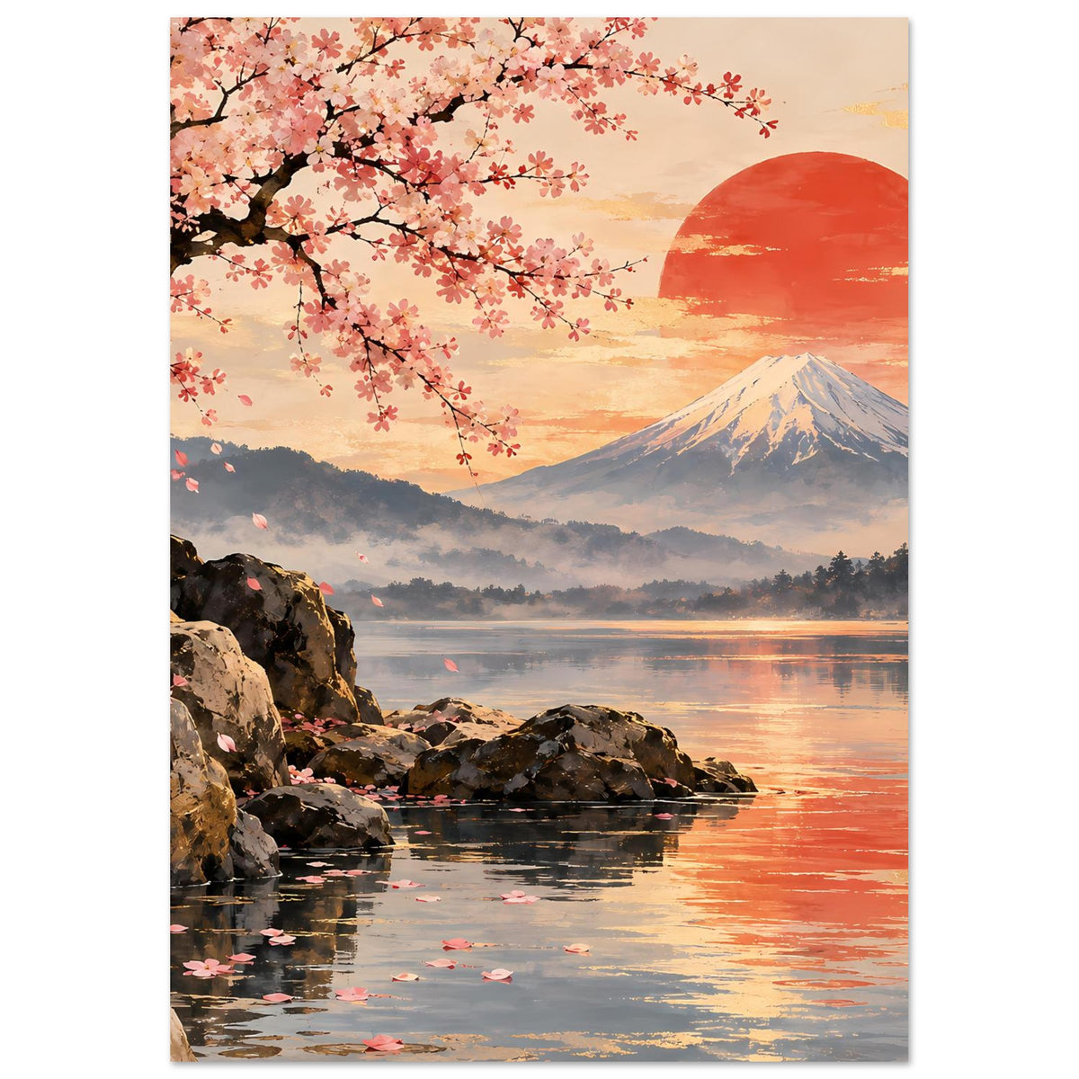 Poster: Fuji-Berglandschaft mit Kirschblüten, roter Sonne, Felsen am Ufer und See-Reflexionen
