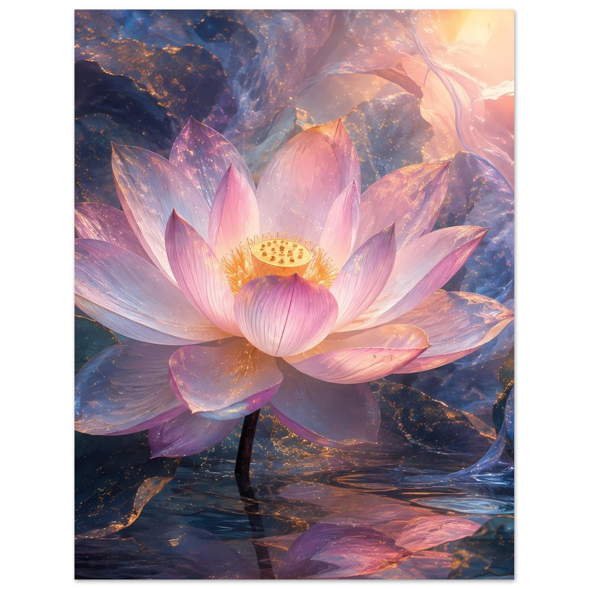 Lotusblüten-Poster, hochformatig: pastellrosa Blütenblätter, goldene Blütenmitte