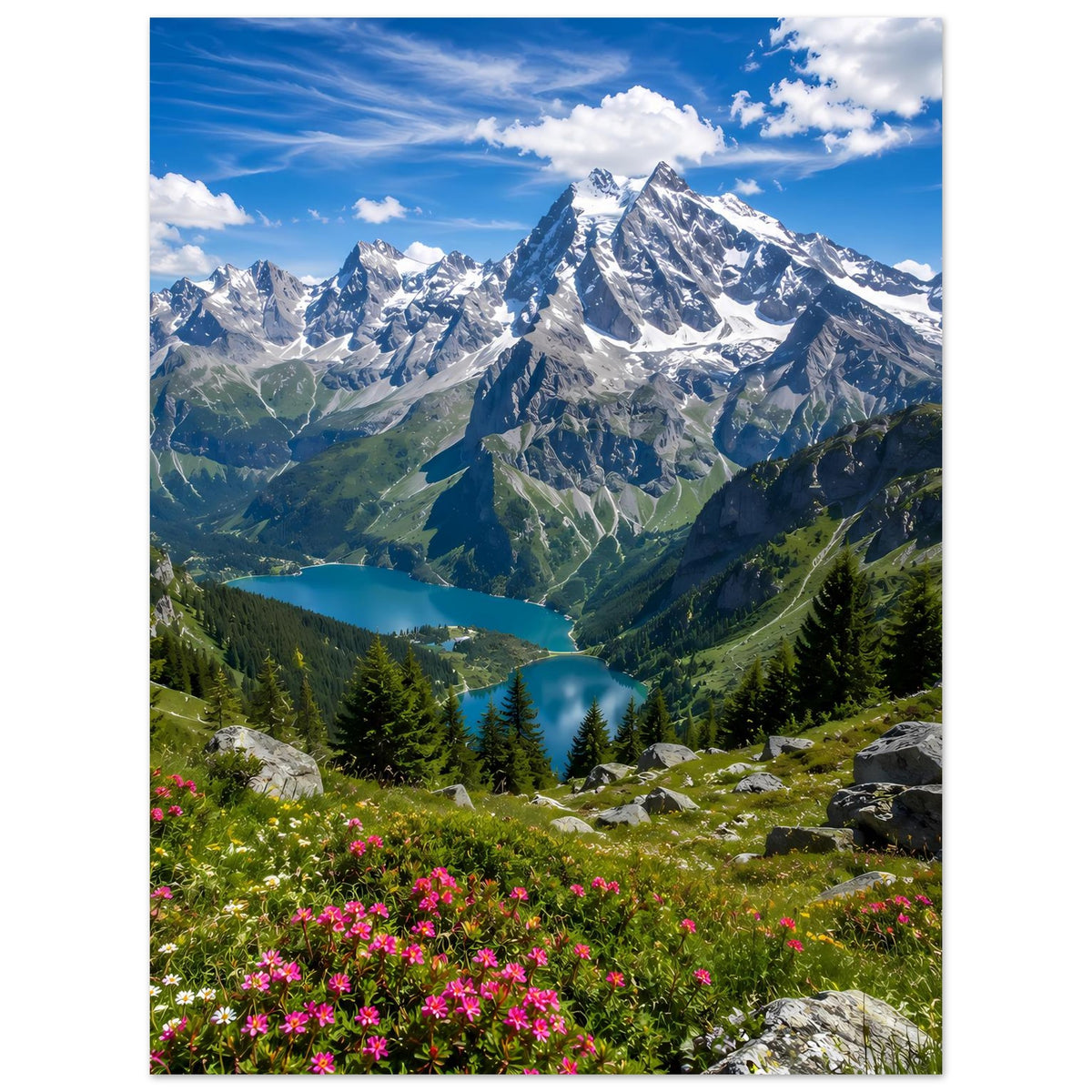 Landschaftsposter (hochkant) mit Alpen-Gipfeln, grünem Tal und Blumenwiese unten