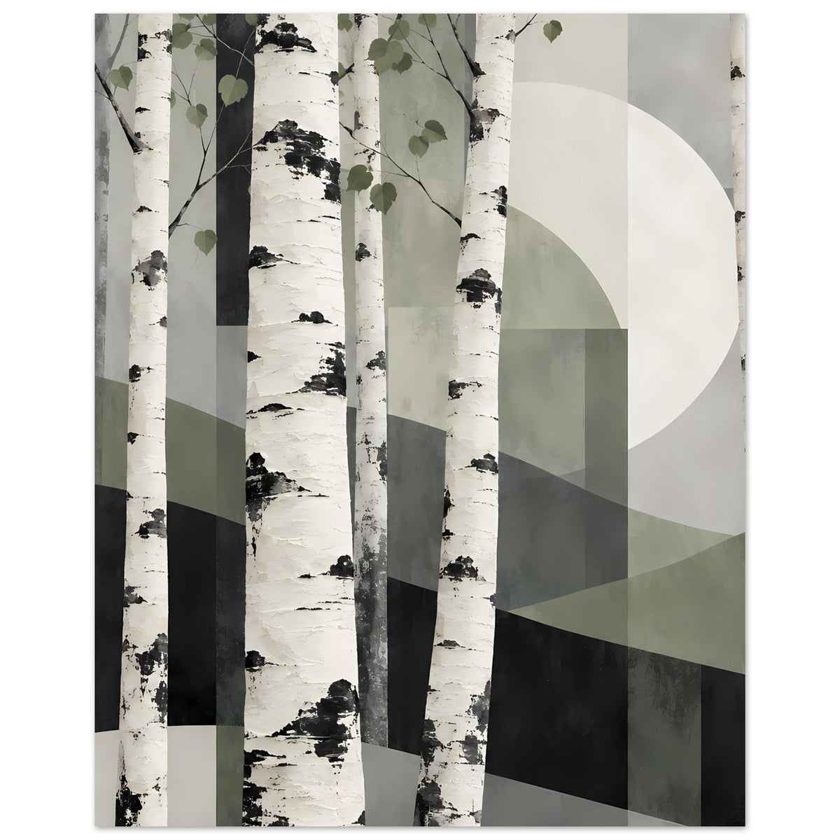 Naturposter Birkenwald, Vorderansicht mit Birkenstämmen, Blättern und abstrakten Farbfeldern