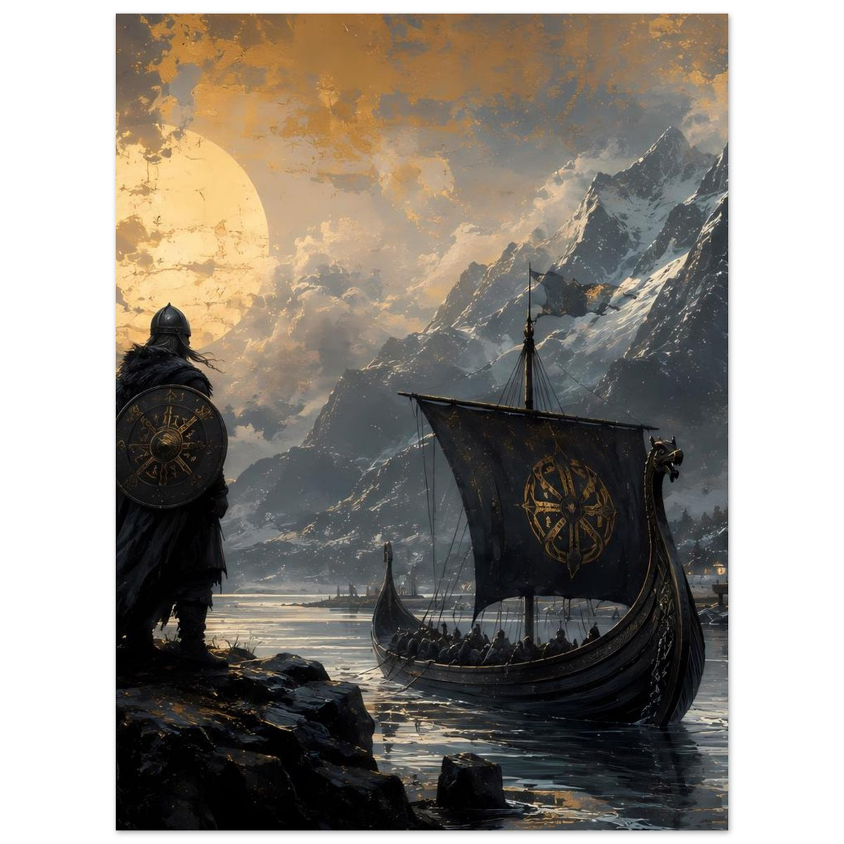 Poster mit Wikingerkrieger und Drachenboot, höherer Bildausschnitt über felsigem Ufer