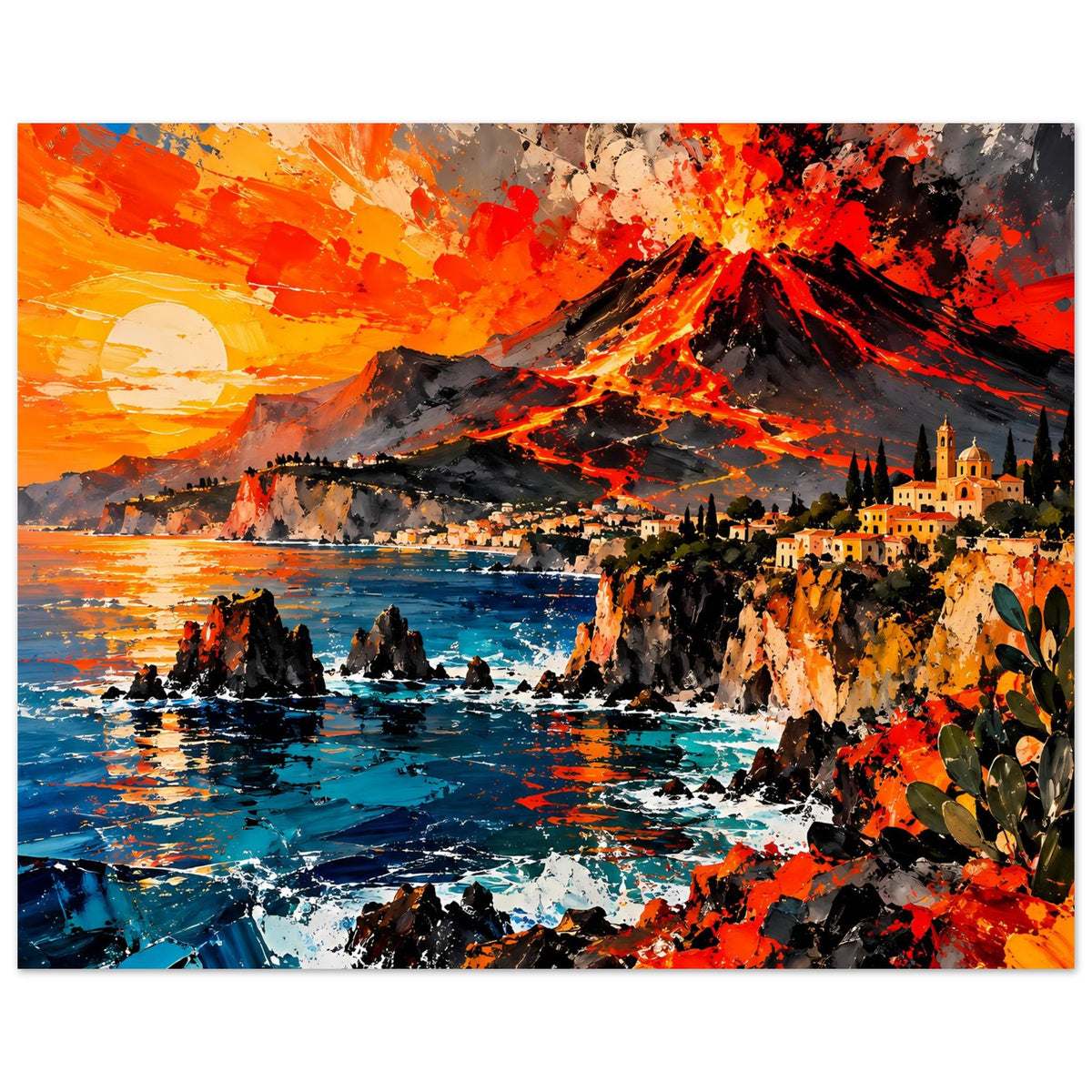Poster im Querformat: Vulkanexplosion mit glühender Lava, Küste, Meer und Ort im Bild