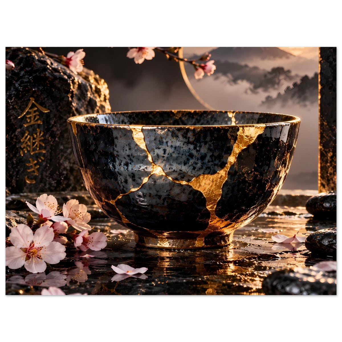 Poster: Kintsugi-Schale mit goldener Risszeichnung, Kirschblüten, schwarze Schale im Fokus