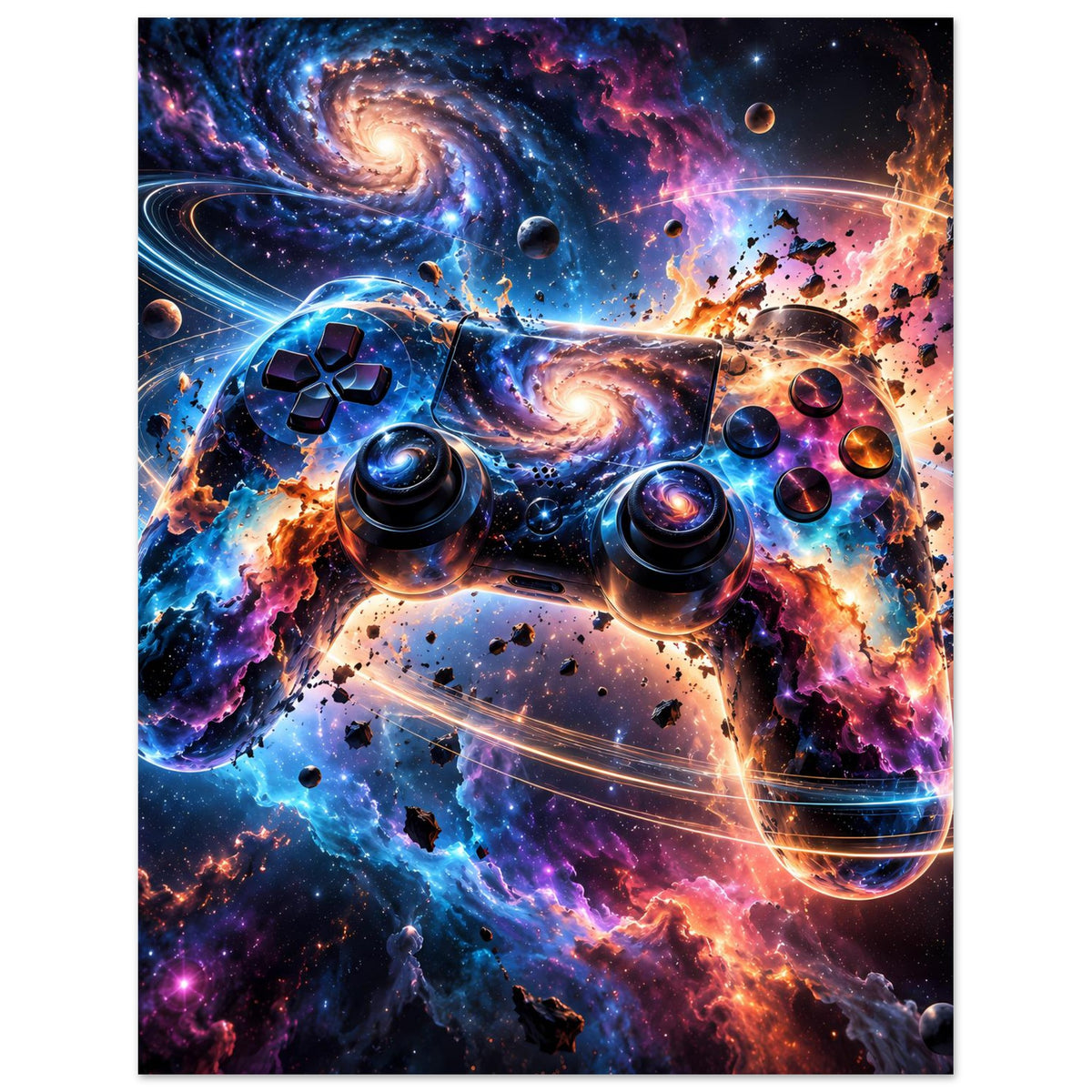 Gaming-Controller-Poster im Hochformat mit galaktischem Muster und leuchtendem Controller